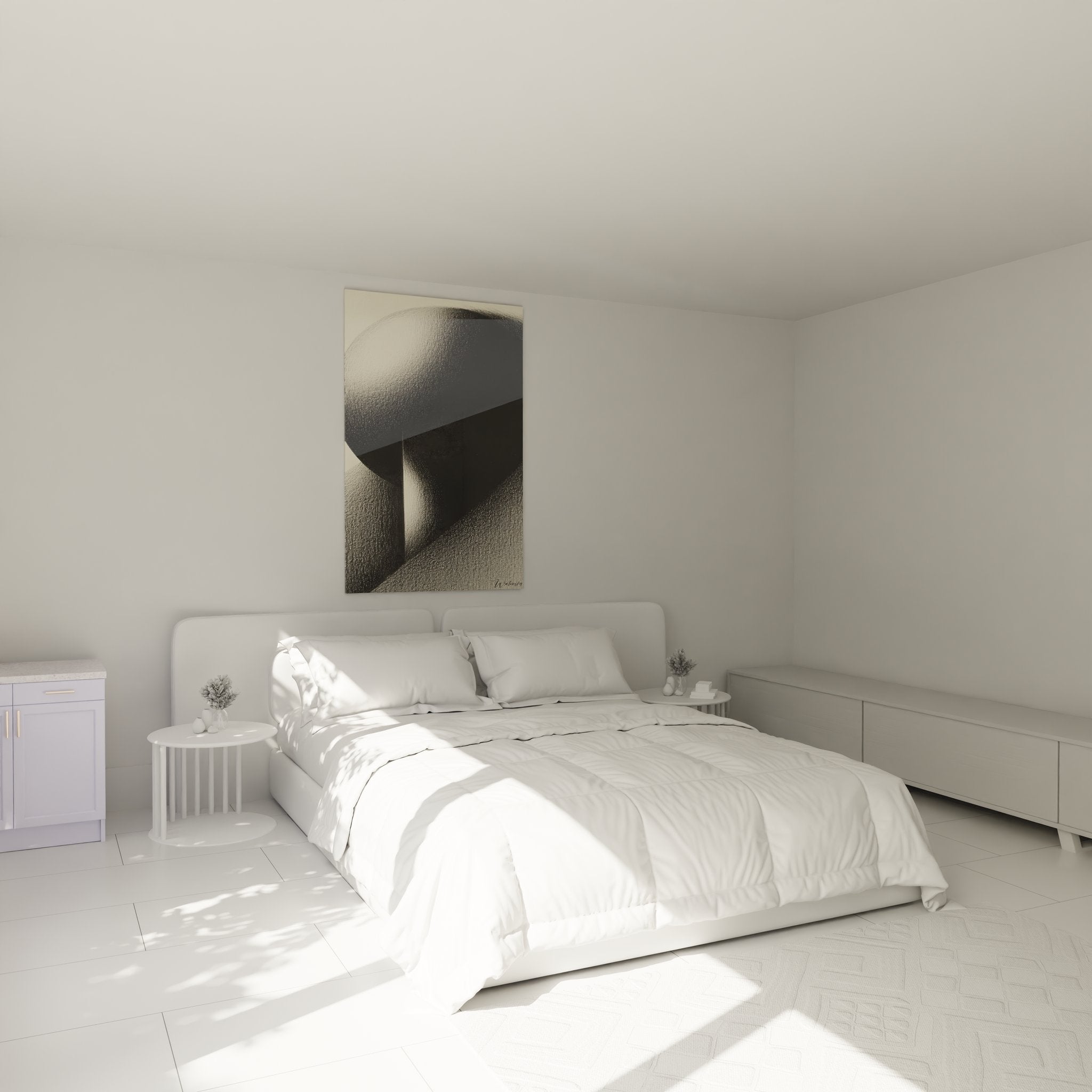 Ambiance chambre avec tableau sphère géométrique texture abstrait décoration murale contemporaine