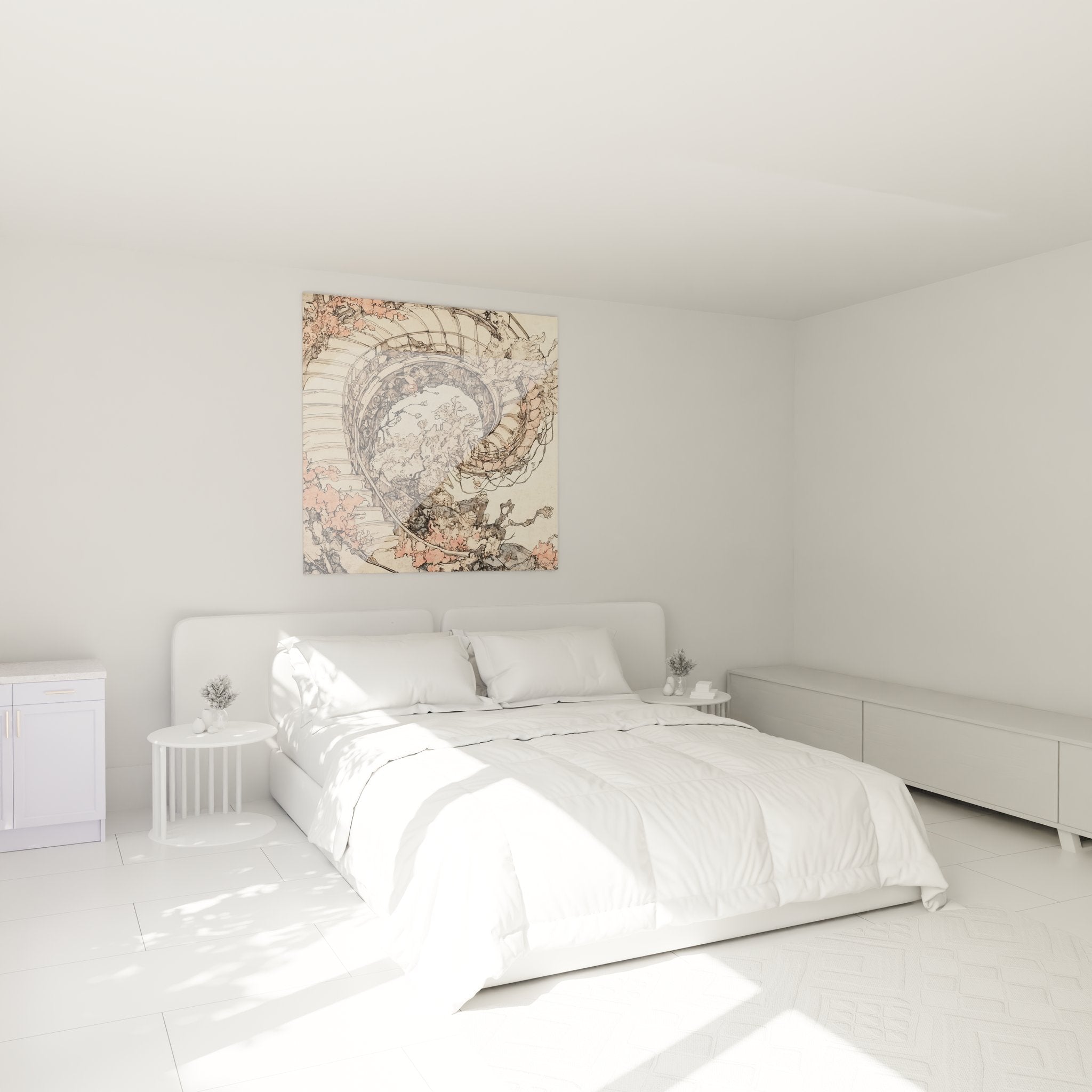 Ambiance chambre avec tableau spirale abstraite florale aux tons roses et beiges
