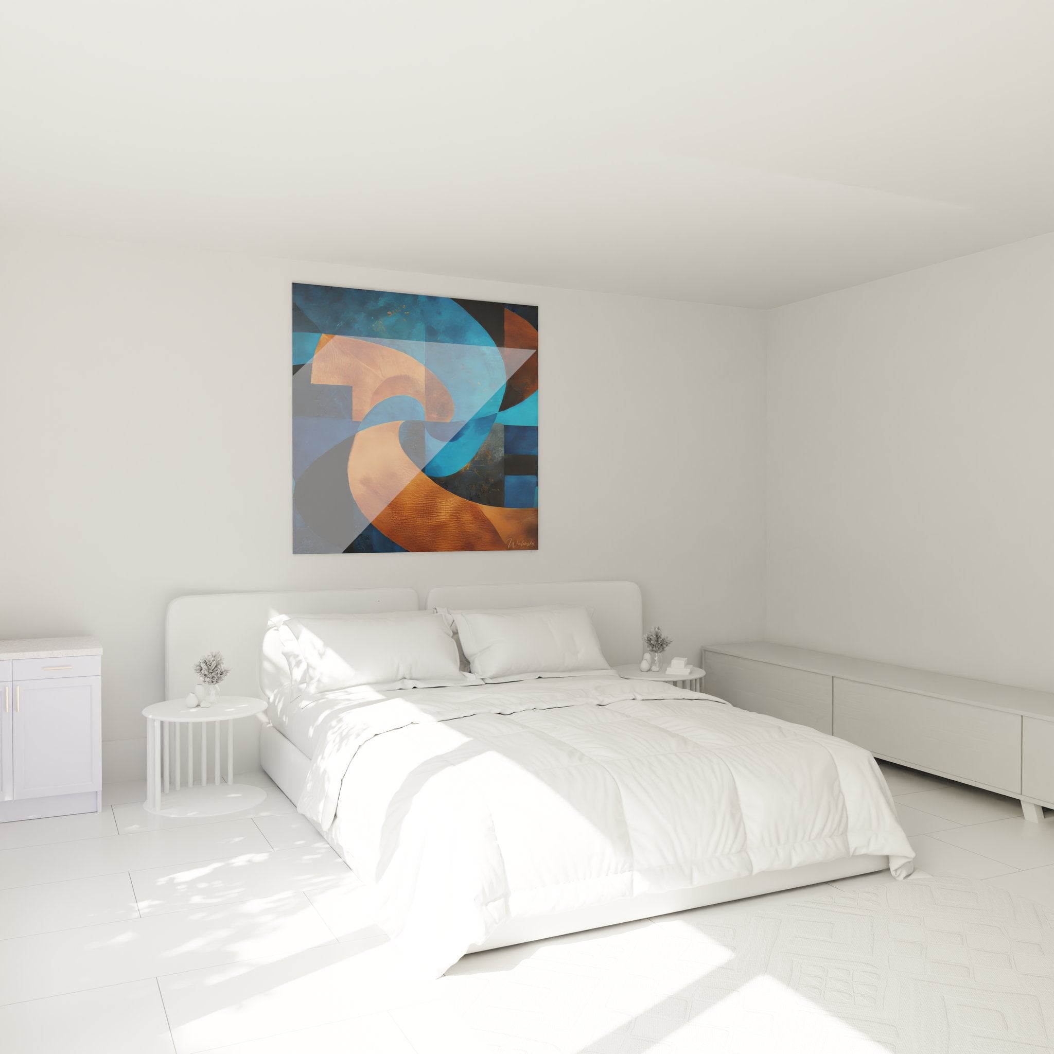 Ambiance chambre avec tableau spirales abstraites, décoration murale géométrique orange bleu moderne