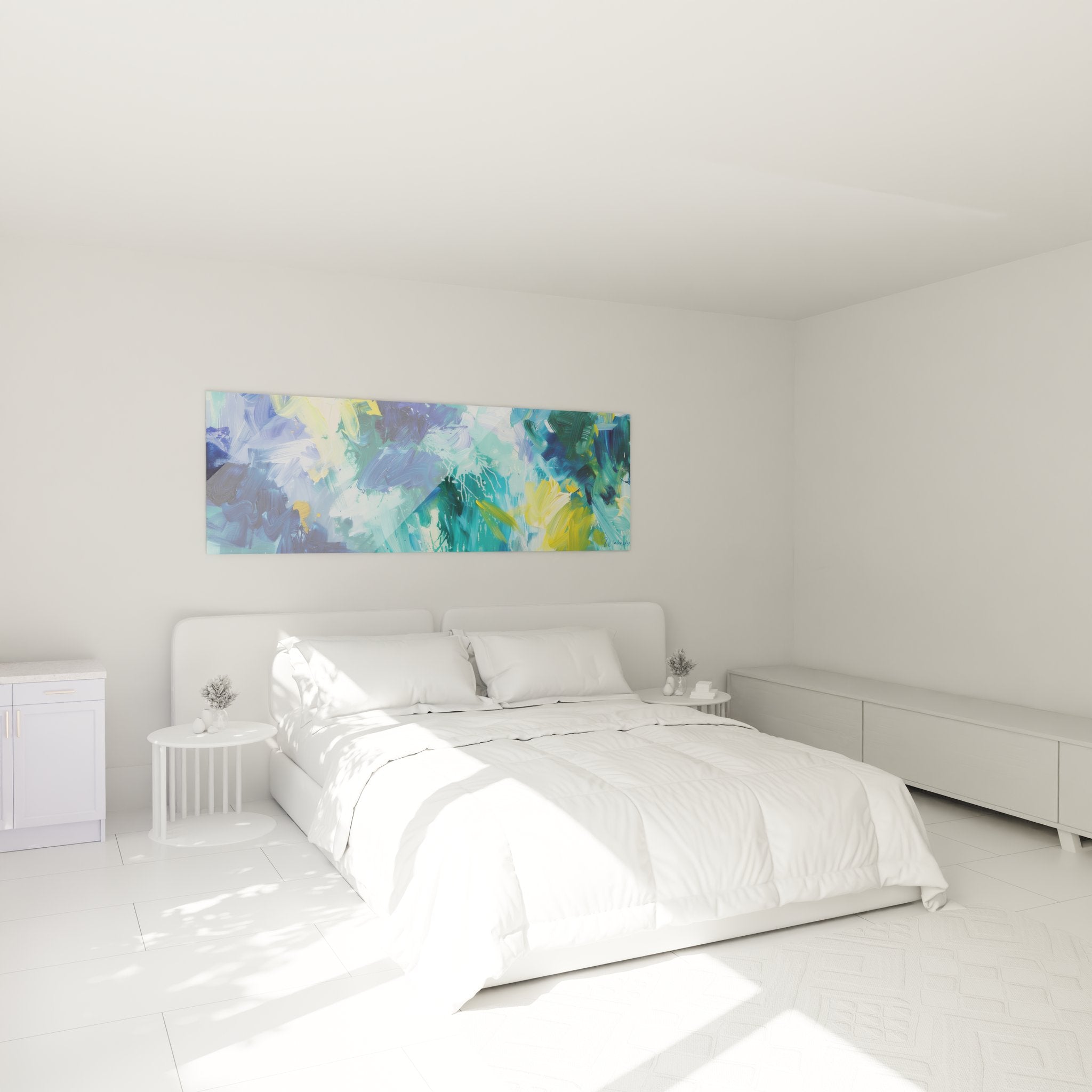 Ambiance chambre avec tableau mural abstrait bleu turquoise style expressionniste au dessus du lit