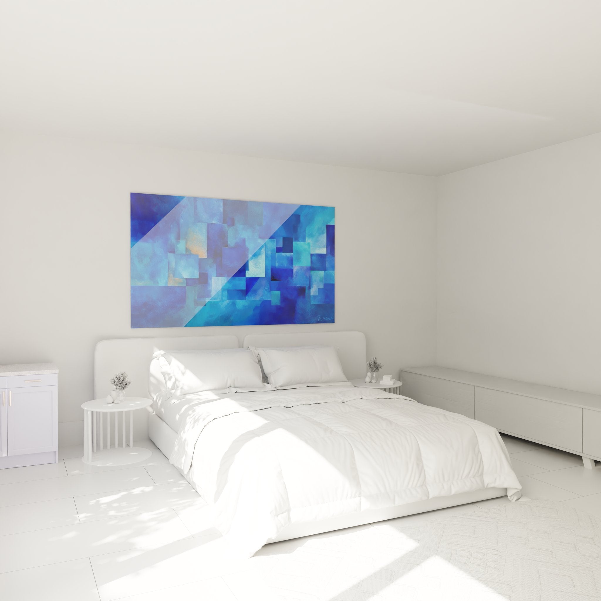 Ambiance chambre avec tableau mosaïque bleue abstraite géométrique art mural moderne décoration murale élégante