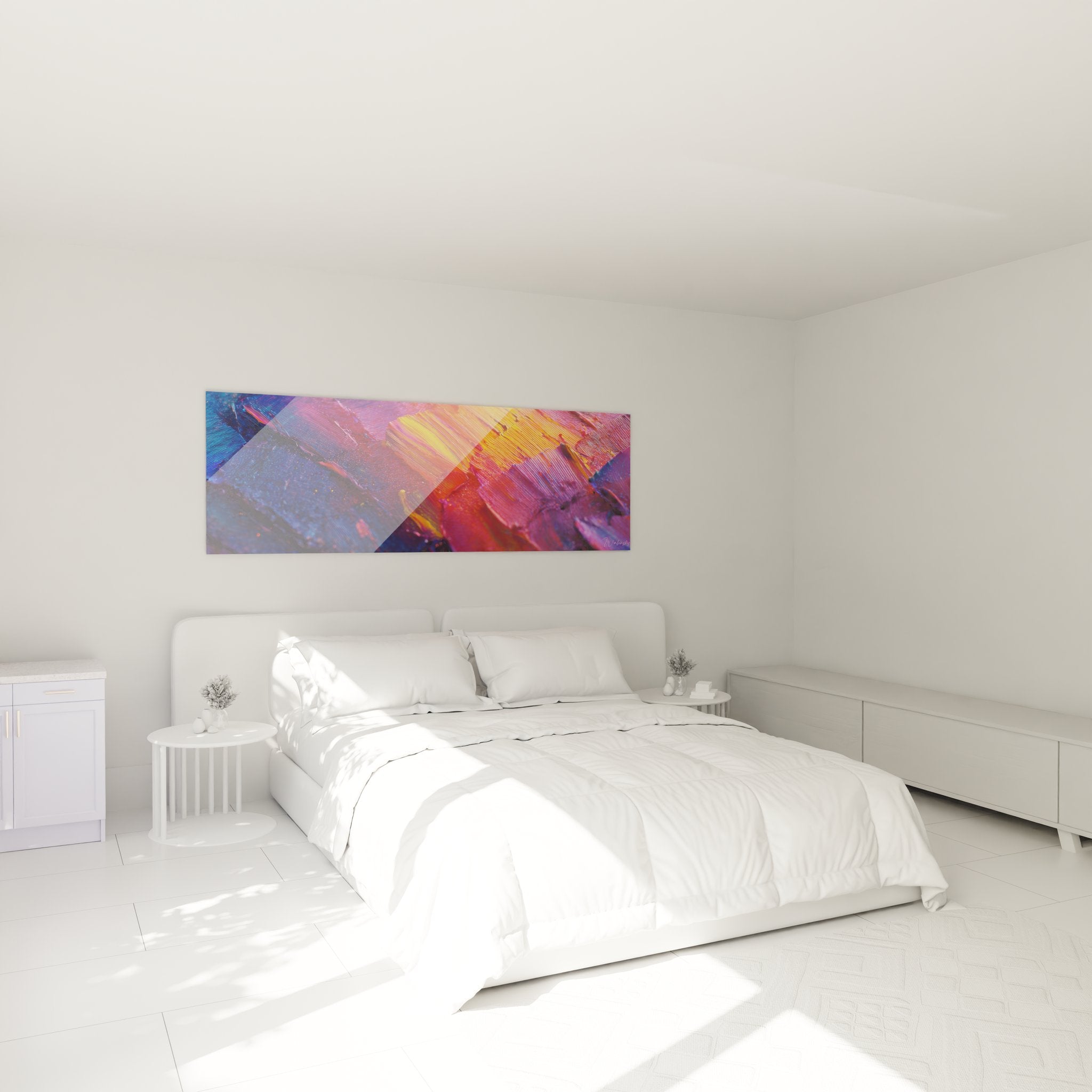 Ambiance chambre avec tableau peinture abstraite moderne coloré accroché au mur