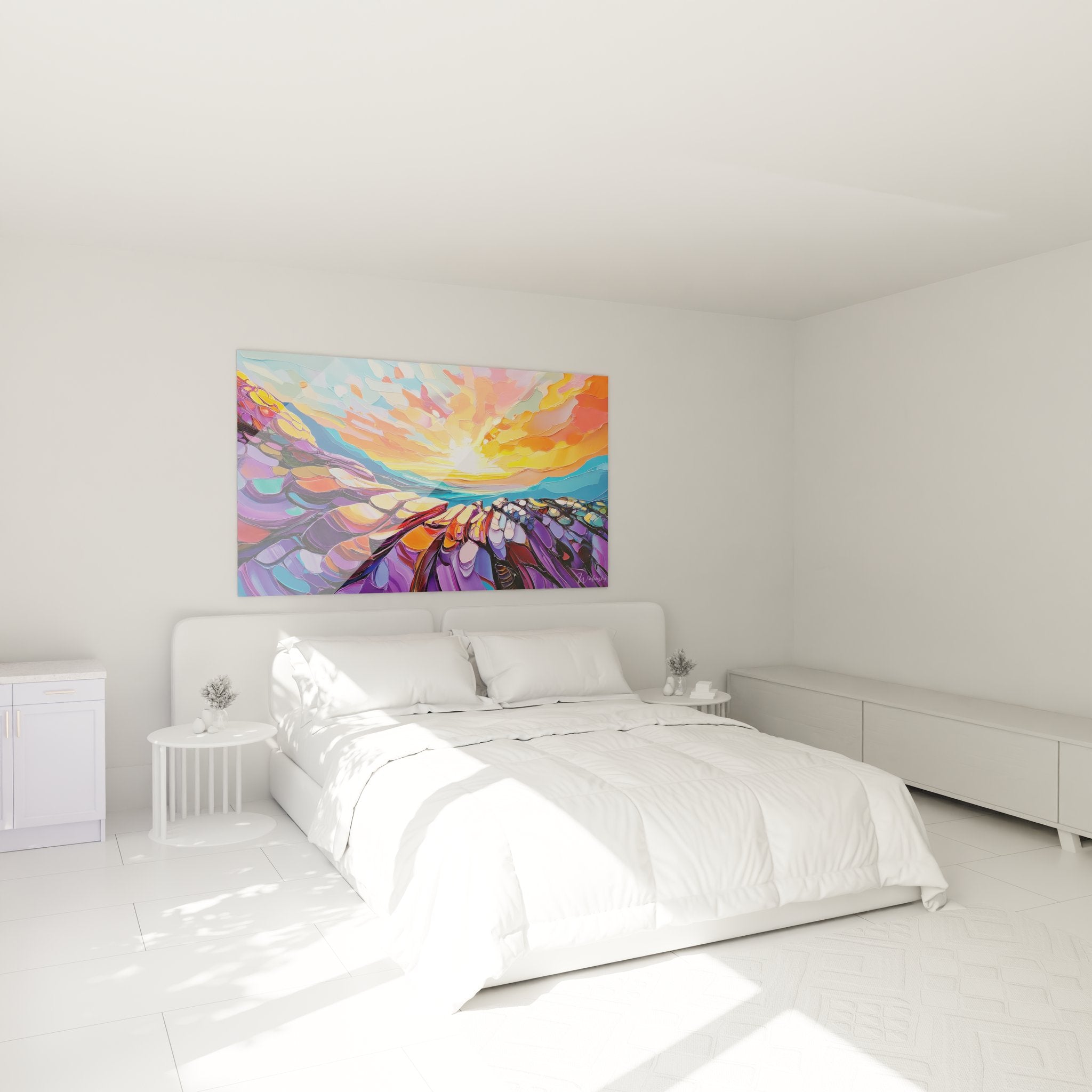 Ambiance chambre avec tableau abstrait coucher de soleil coloré style peinture moderne décorative