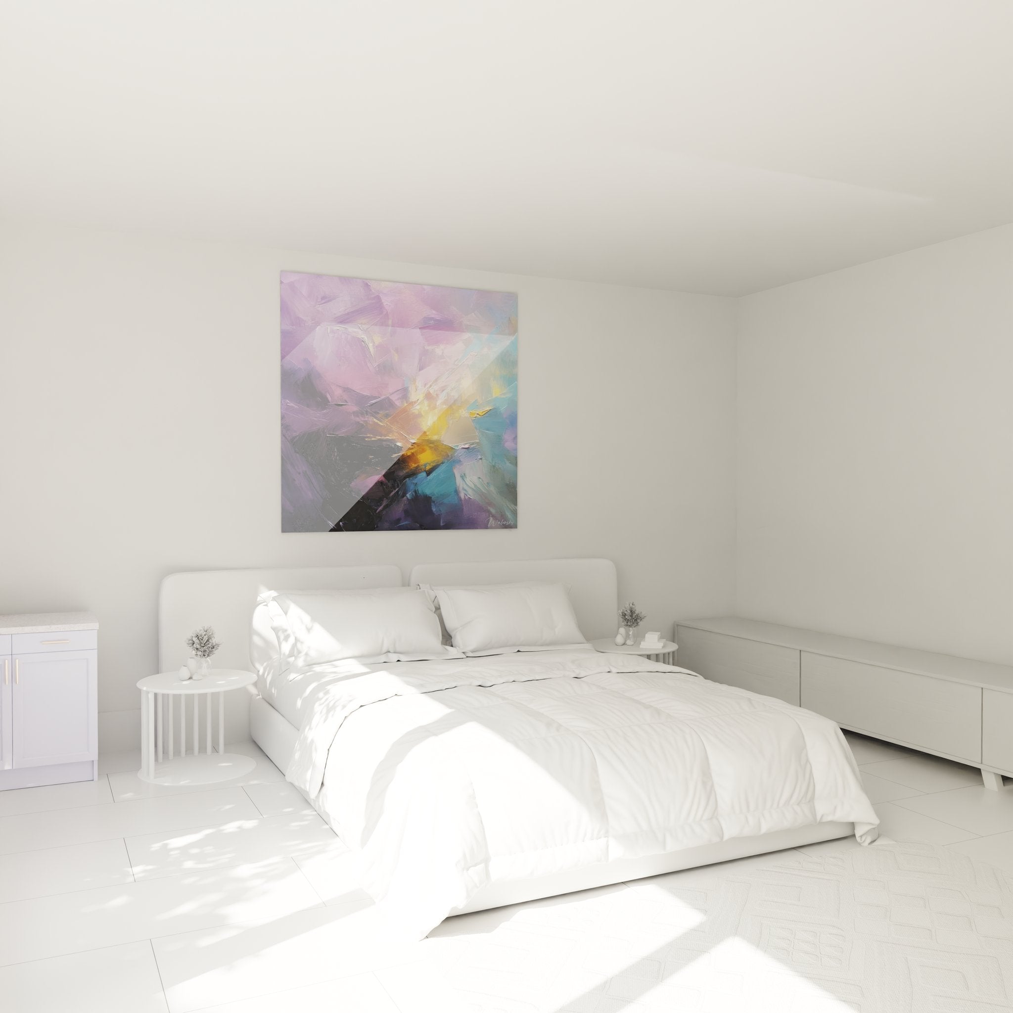 Ambiance chambre avec tableau explosion abstraite colorée, décoration murale moderne violet bleu