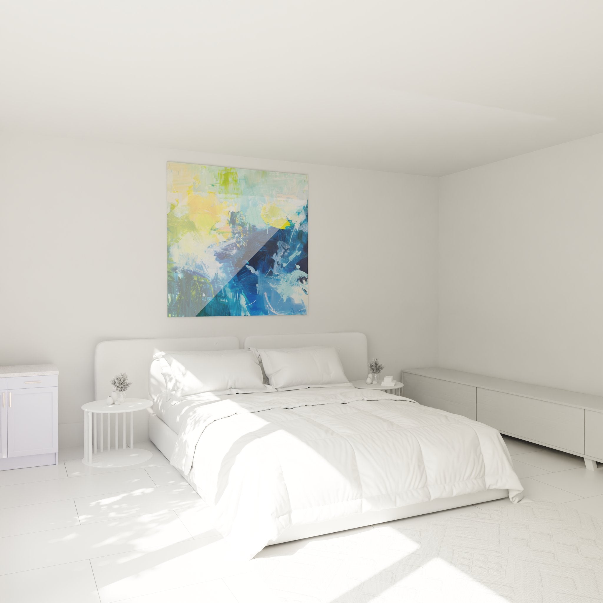 Ambiance chambre avec tableau abstrait bleu jaune style expressionniste au mur
