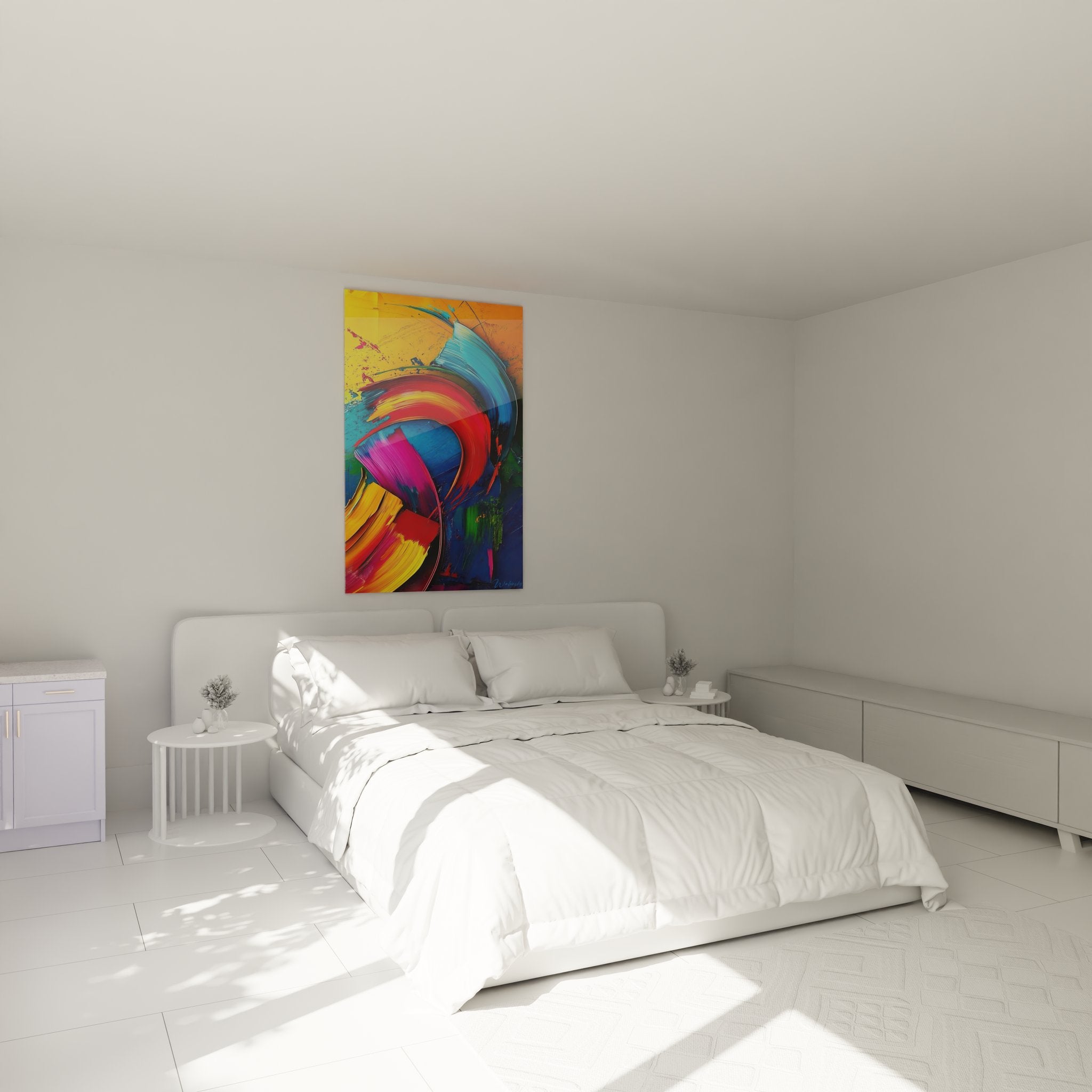 Ambiance chambre avec tableau tourbillon abstrait multicolore décorant mur moderne élégant