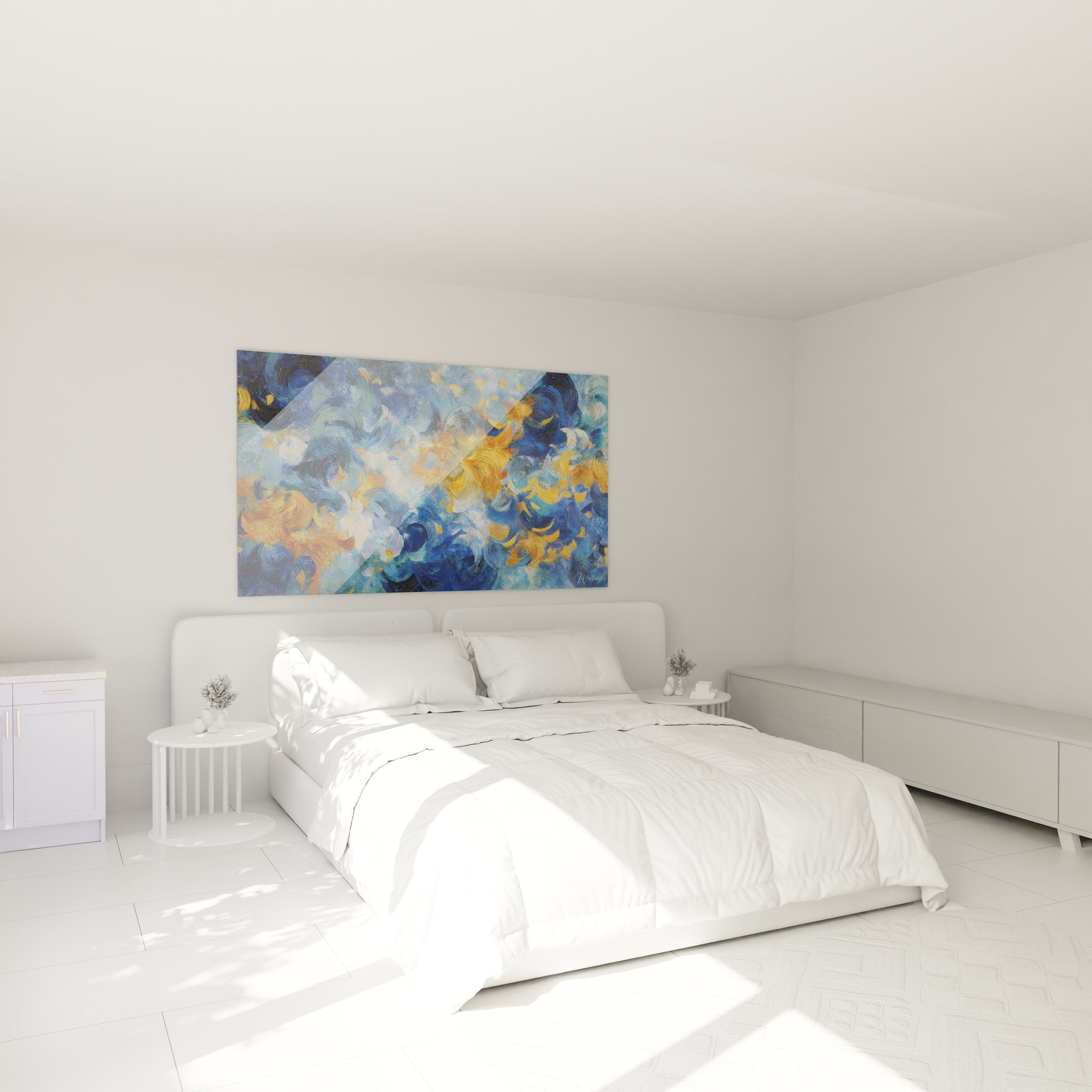 Ambiance chambre avec tableau mural abstrait tourbillons colorés bleu et or design moderne