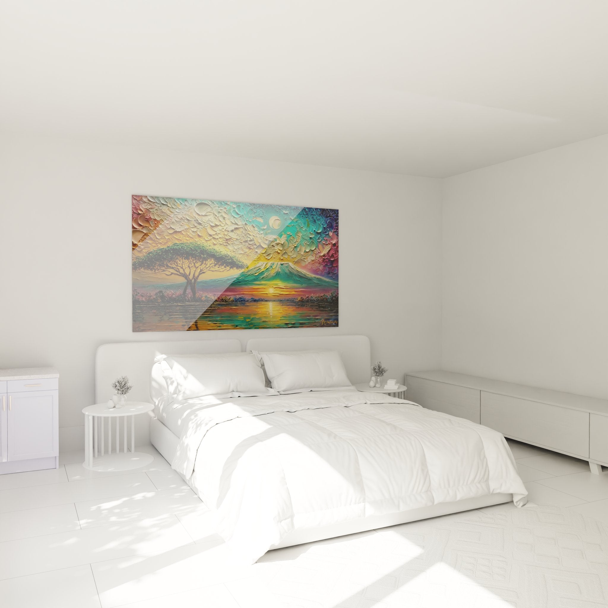 Ambiance chambre avec tableau arbre montagne coucher soleil - décoration murale nature apaisante