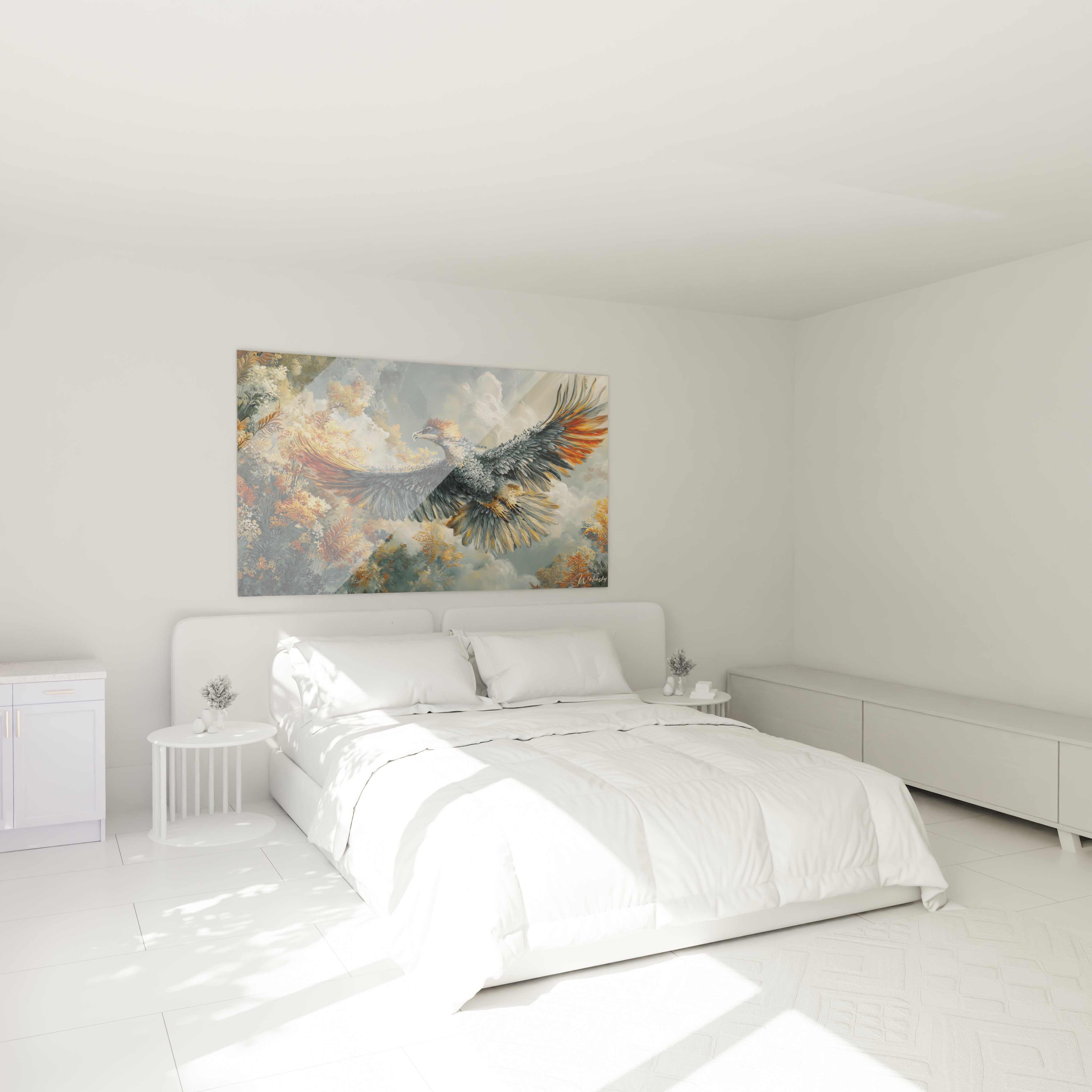 Ambiance chambre avec tableau décoratif argentavis oiseau préhistorique en vol, art mural nature ancienne