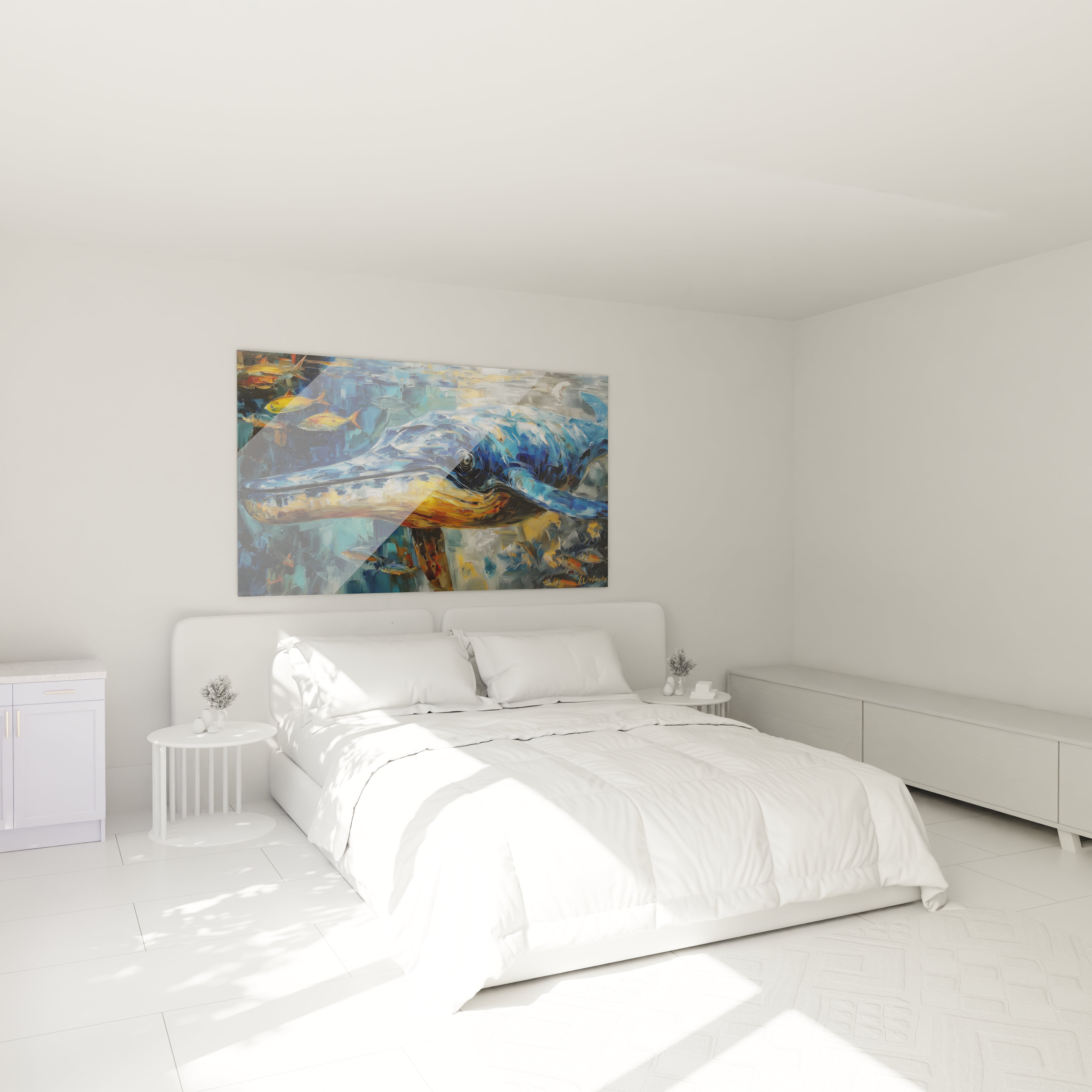 Ambiance chambre avec tableau baleine basilosaurus, décoration murale marine élégante