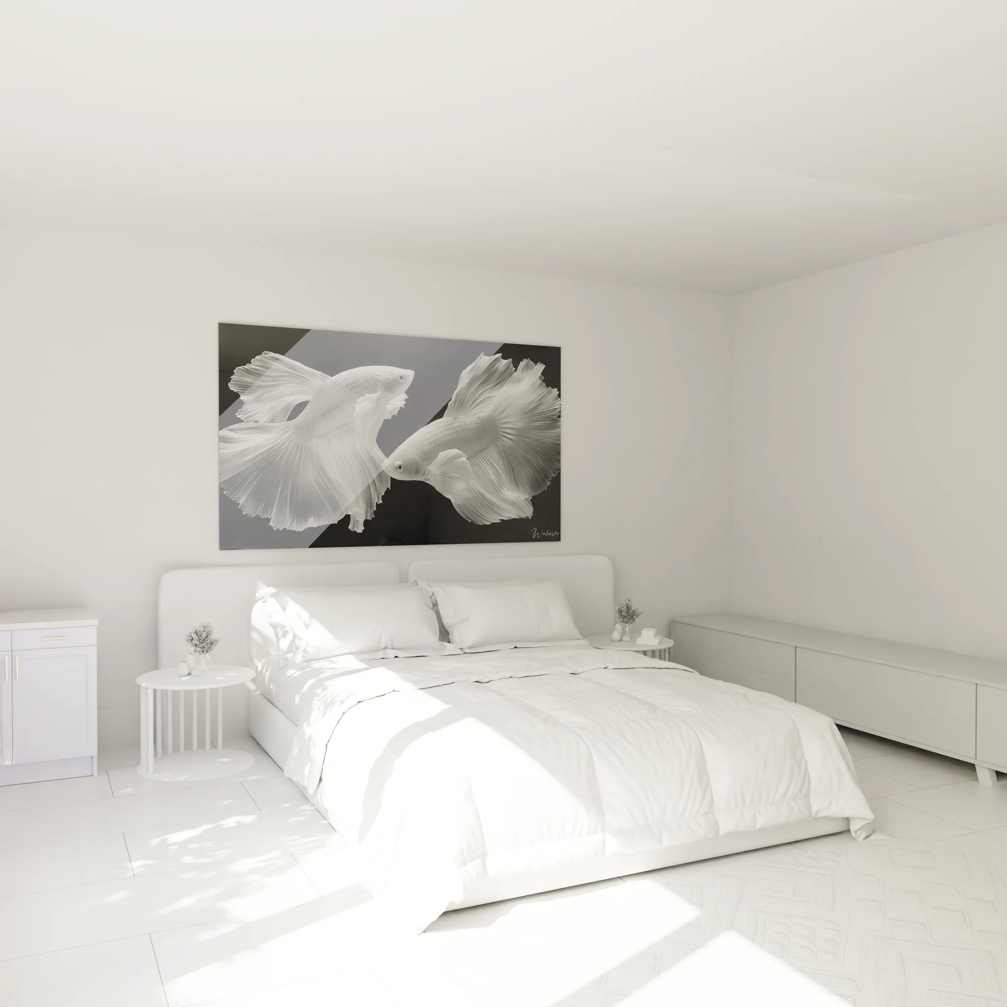 Ambiance chambre avec tableau poissons betta noir et blanc art mural élégant