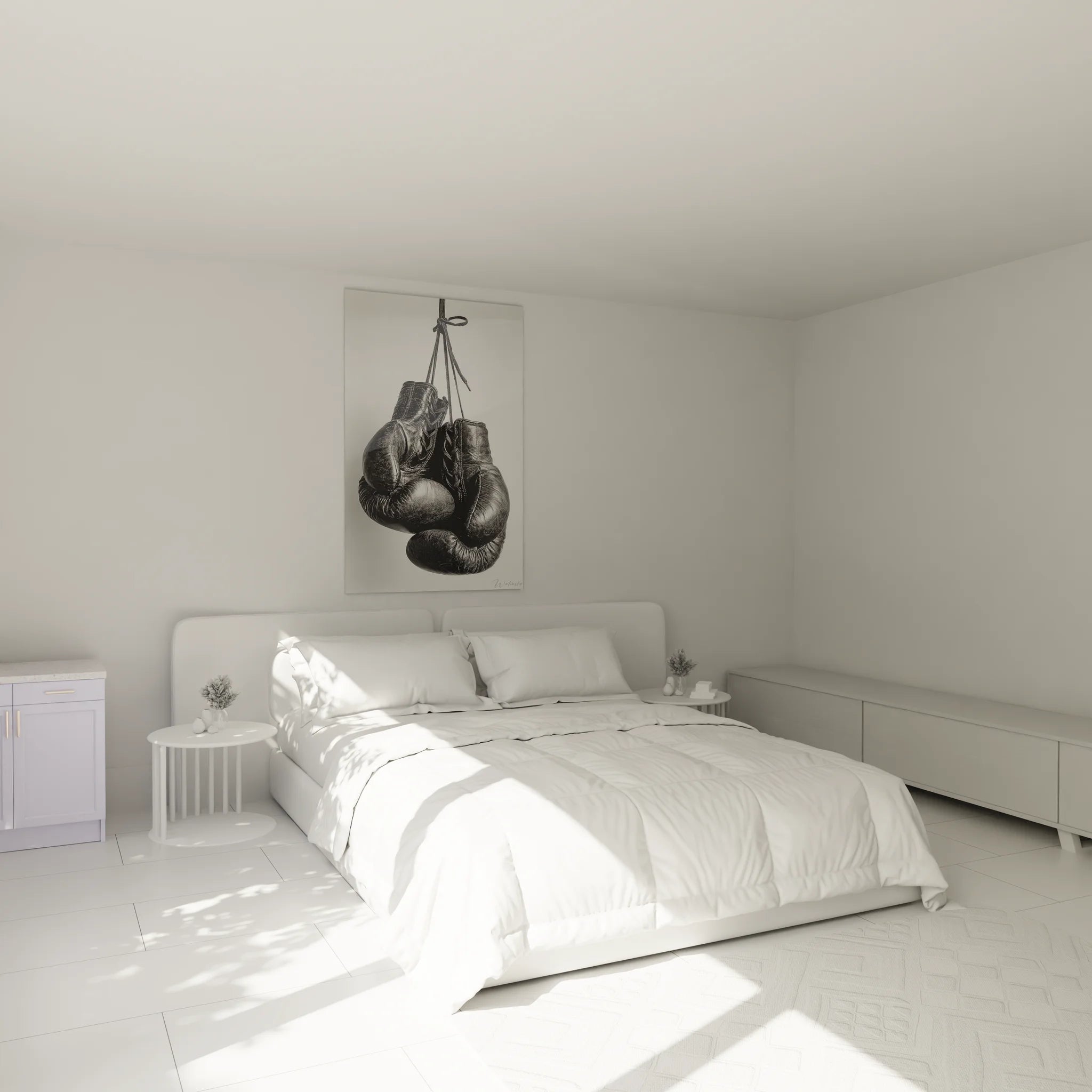 Ambiance chambre avec tableau gants boxe noir blanc, décoration murale sports combat style moderne élégant