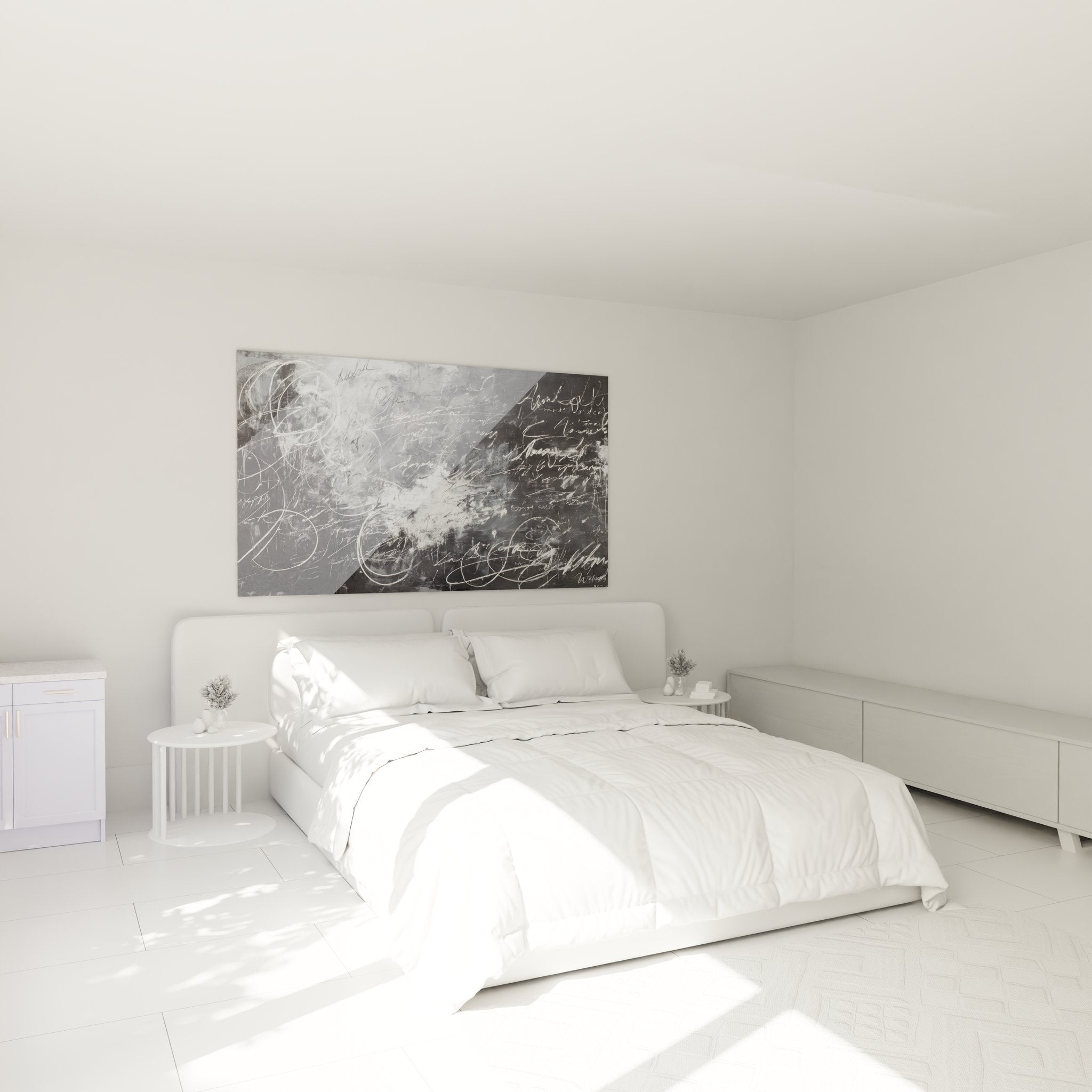 Ambiance chambre avec tableau mural calligraphie abstrait gris décorant l'espace moderne