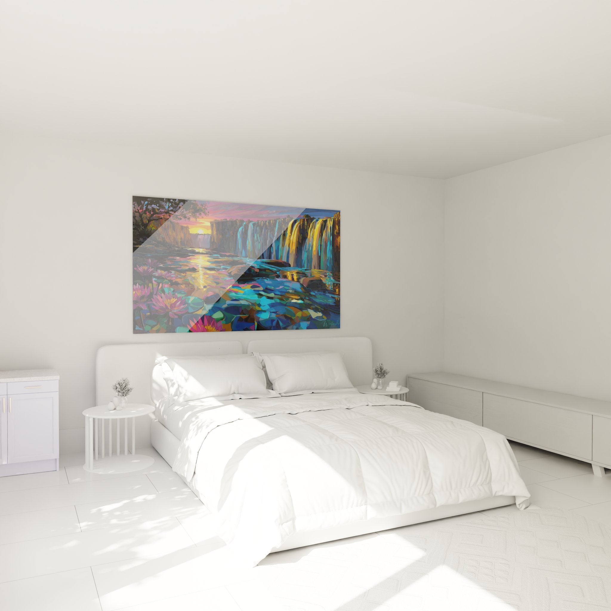 Ambiance chambre avec tableau cascade colorée aux nénuphars créant atmosphère zen et apaisante