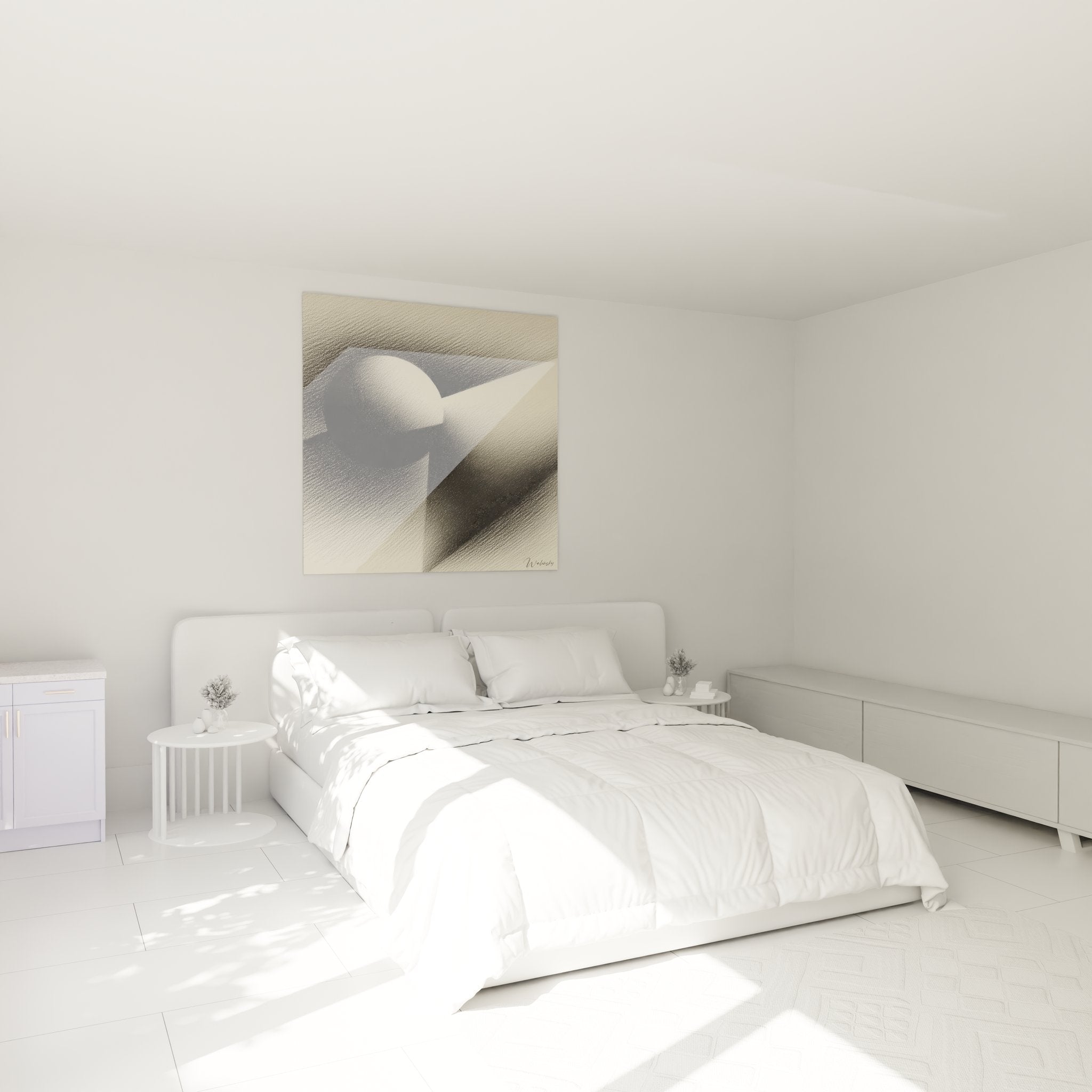 Ambiance chambre avec tableau corps féminin abstrait, décoration murale élégante et moderne