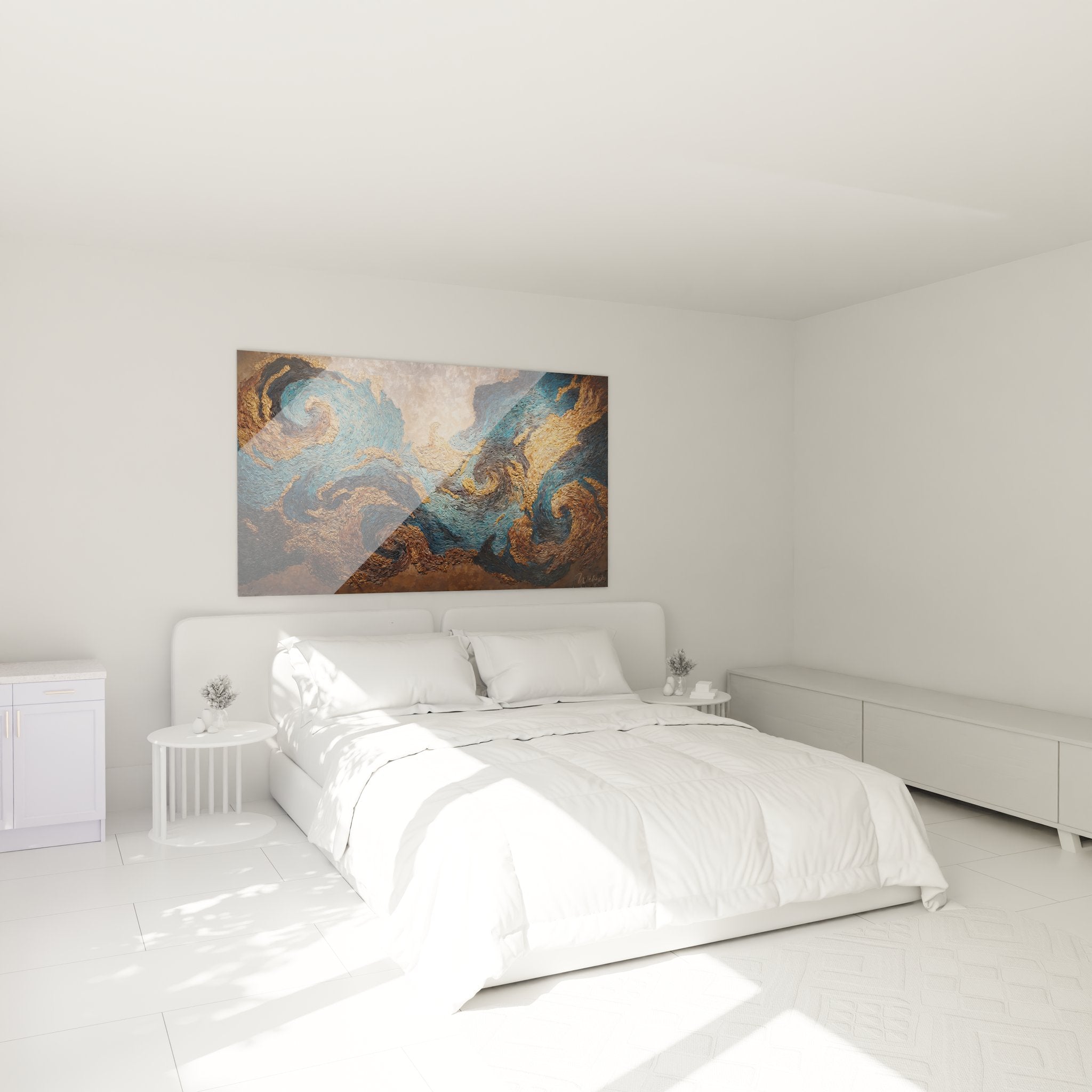 Ambiance chambre avec tableau abstrait tourbillons cosmiques spirales dorées décoration murale élégante