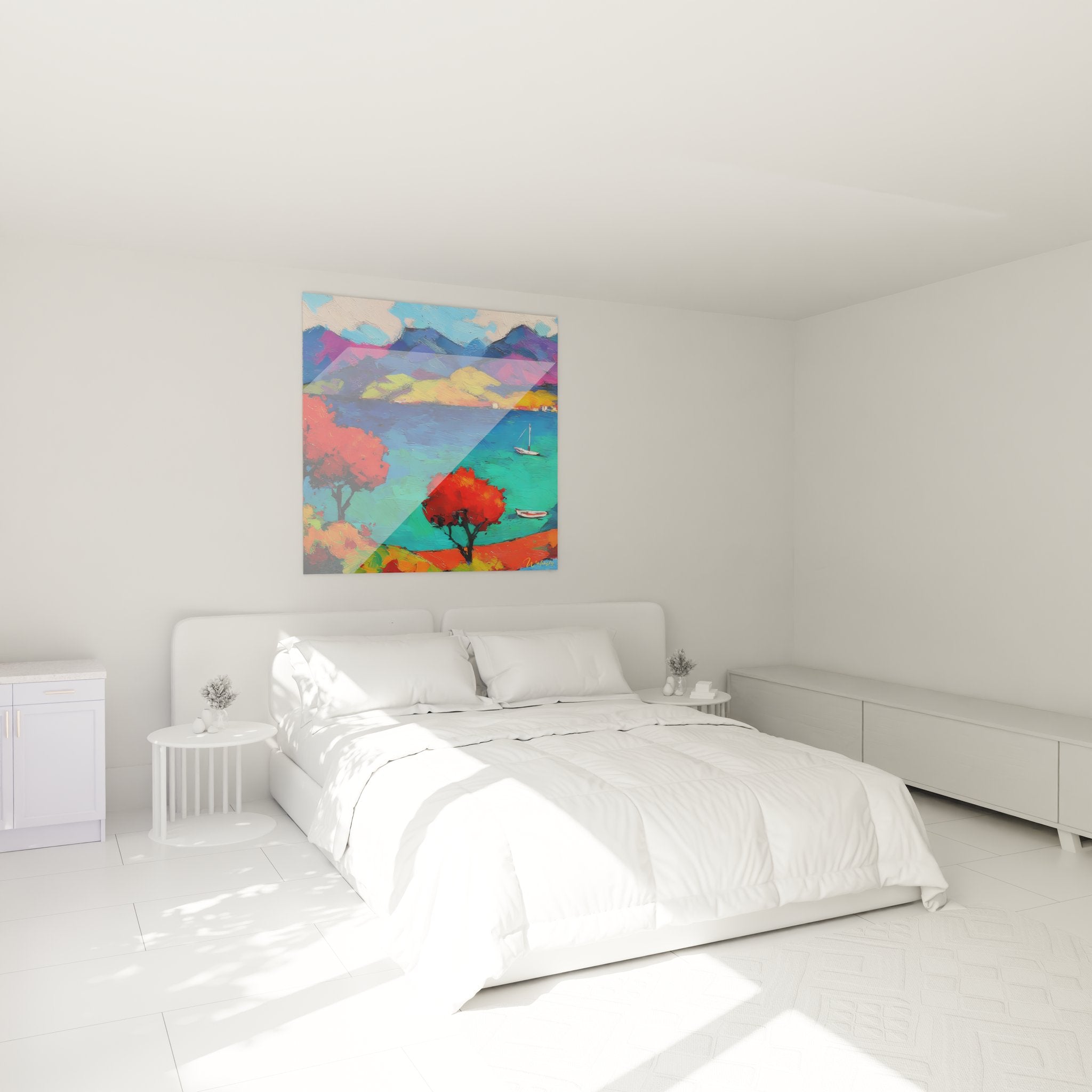 Ambiance chambre avec tableau mural paysage côtier aux couleurs vives - décoration maritime moderne