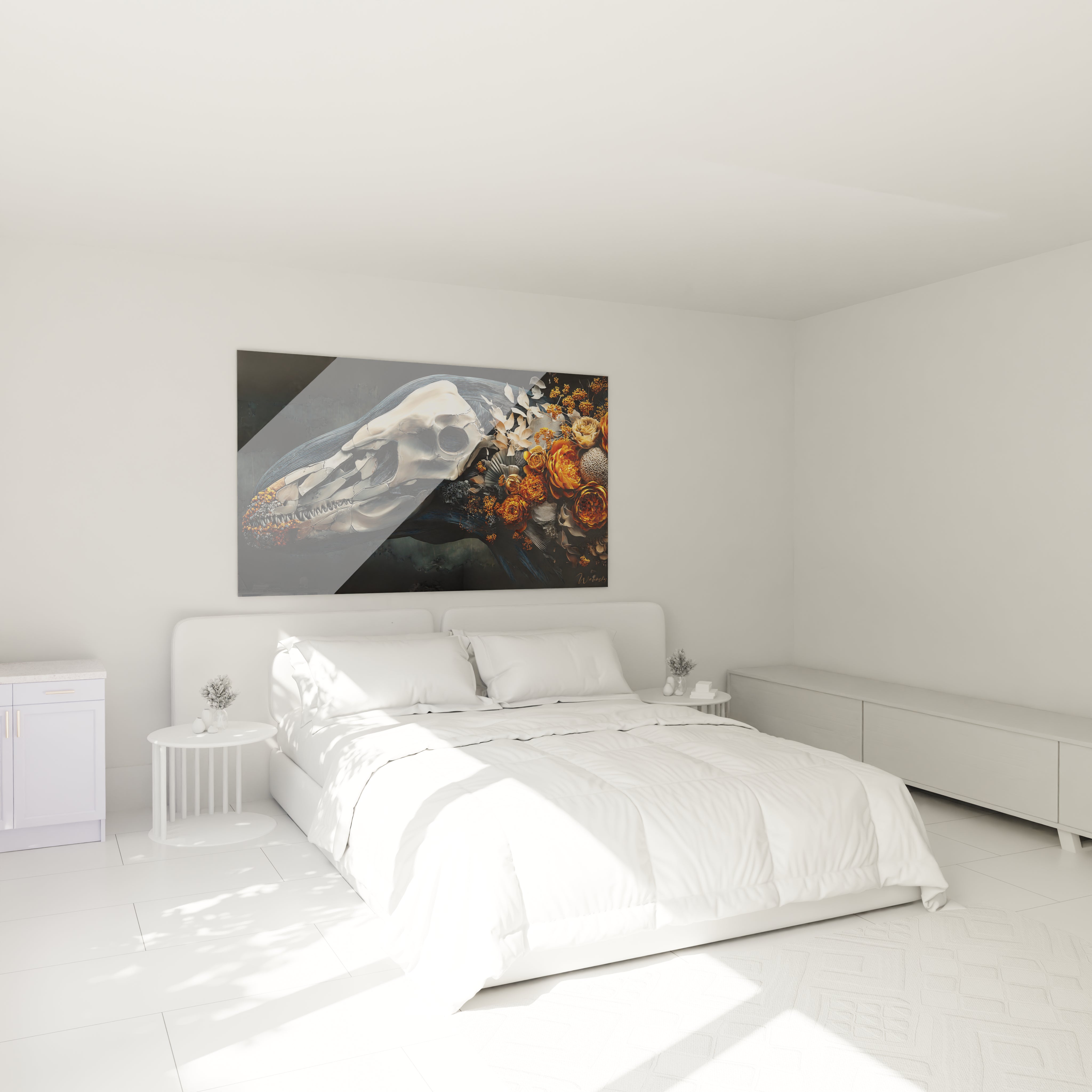 Ambiance chambre avec tableau crâne floral baleine - décoration murale gothique moderne et sophistiquée