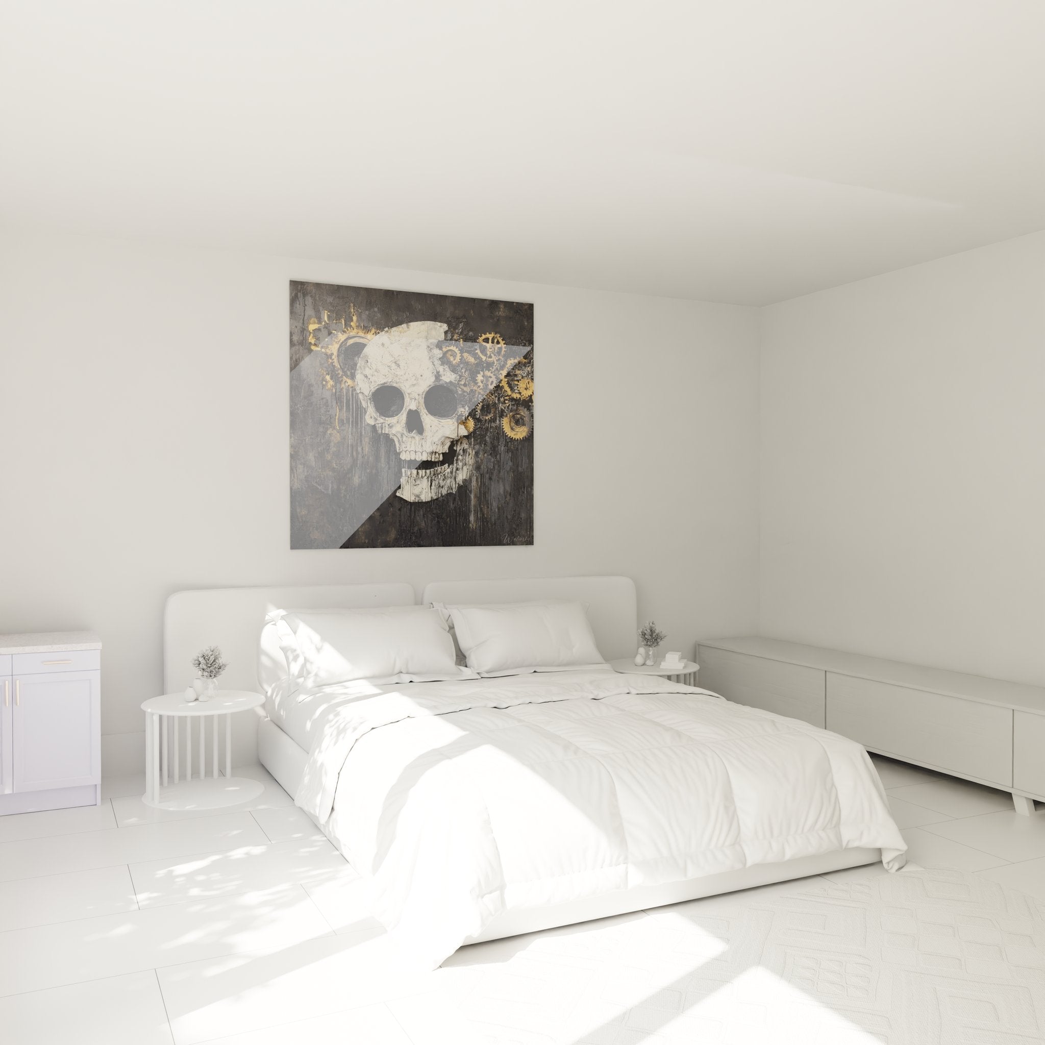 Ambiance chambre avec tableau crâne steampunk engrenages dorés décoration murale gothique industrielle