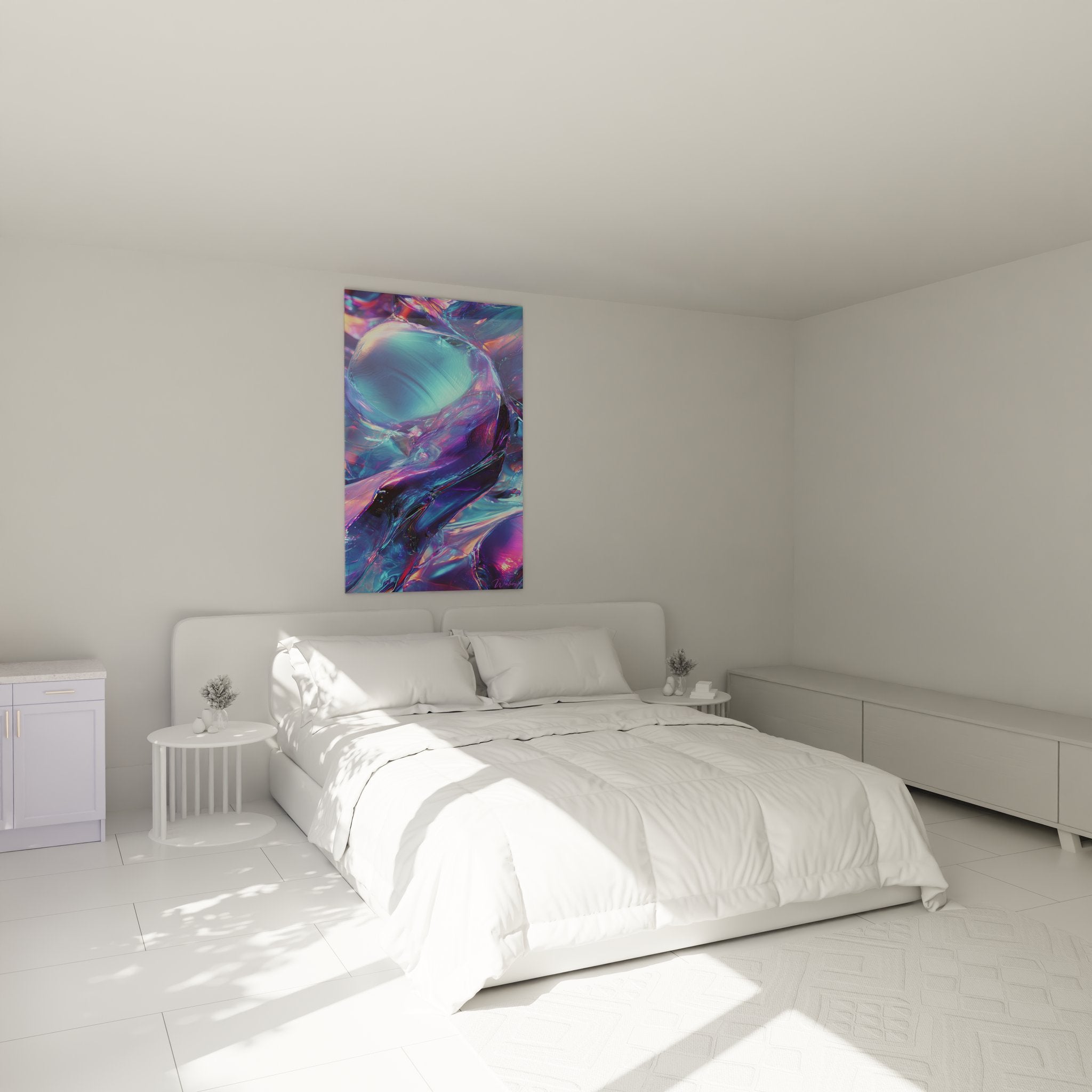 Ambiance chambre avec tableau cristallines irisées futurisme abstrait décoration murale moderne