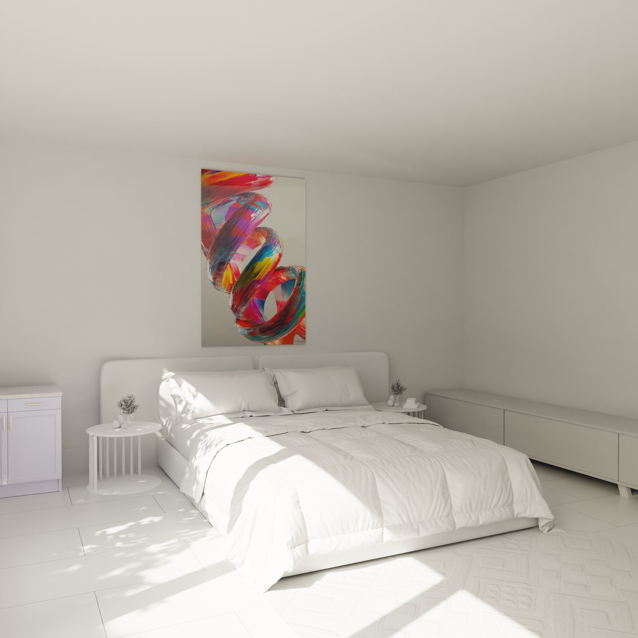 Ambiance chambre avec tableau décoratif ADN coloré créant une atmosphère moderne et scientifique