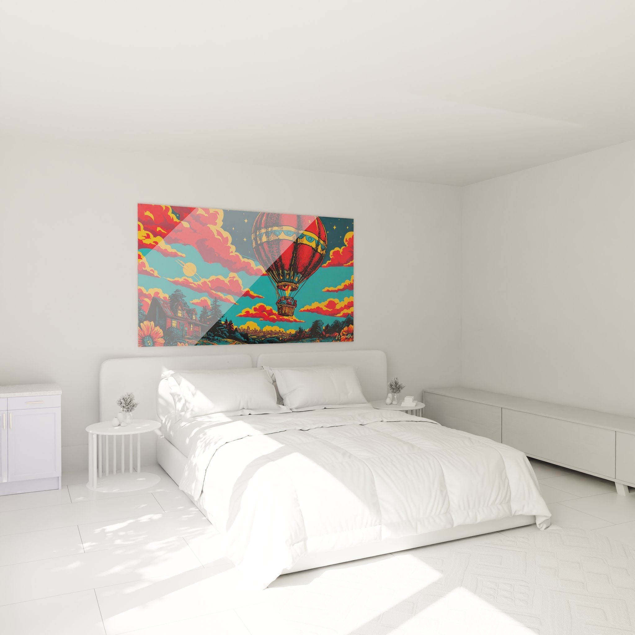 Ambiance chambre avec tableau décoratif montgolfière vintage aux couleurs chaudes sur mur blanc moderne