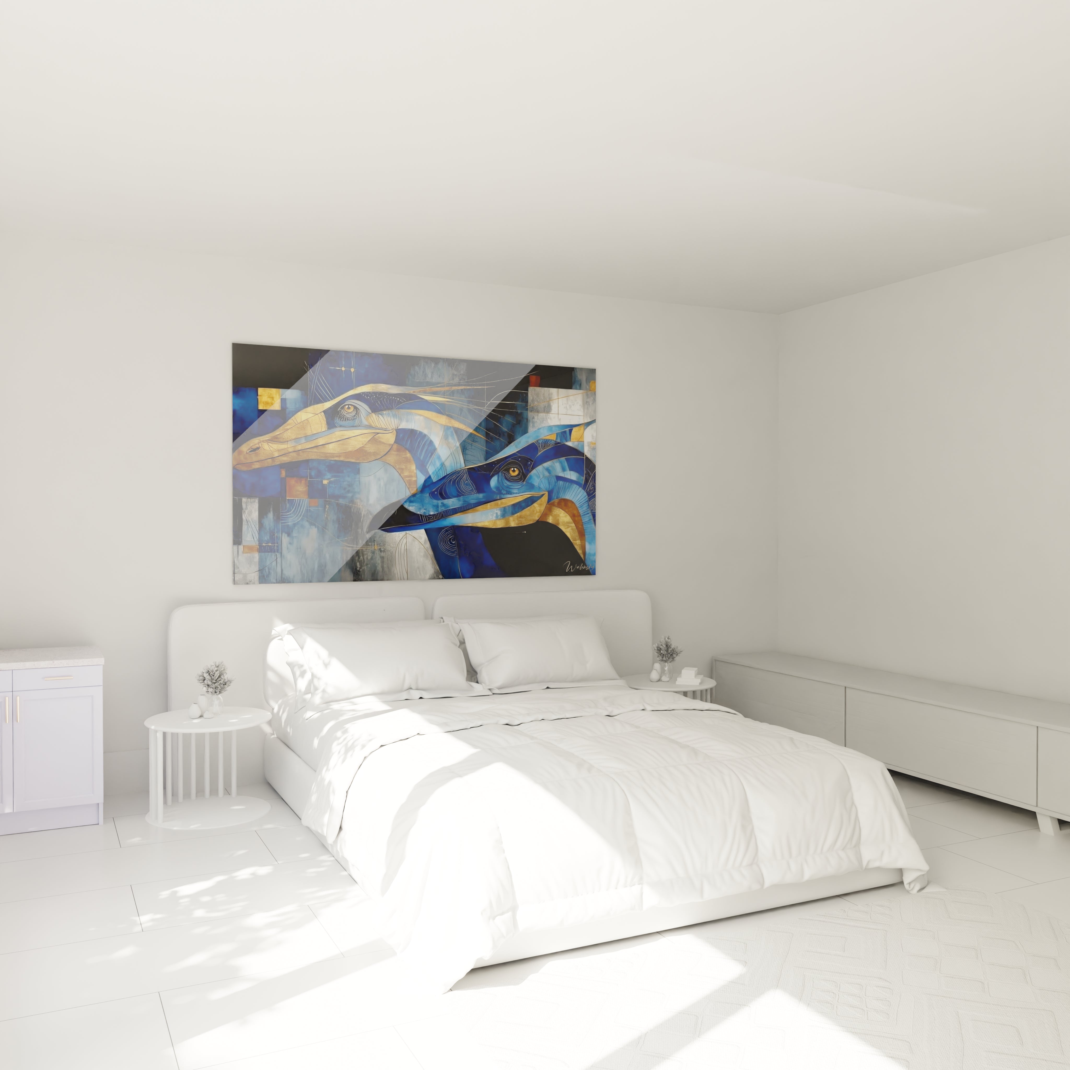 Ambiance chambre avec tableau dinosaures marins décoratif style moderne bleu doré mur blanc