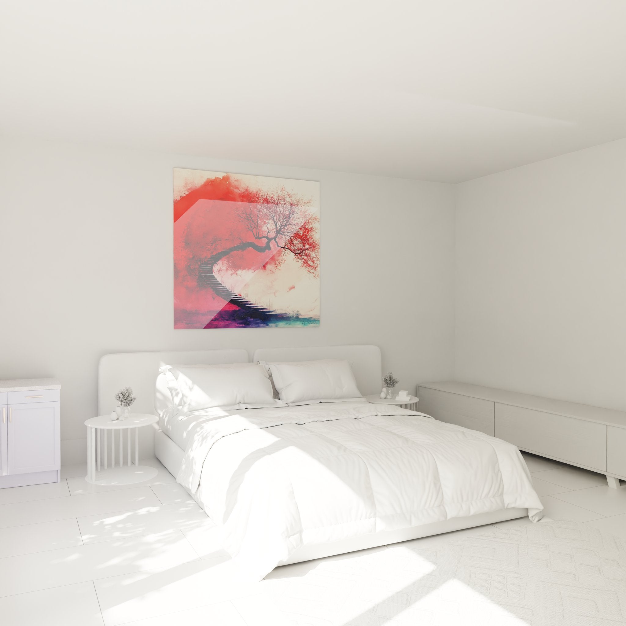 Ambiance chambre avec tableau escalier cerisier japonais rouge décoration murale moderne