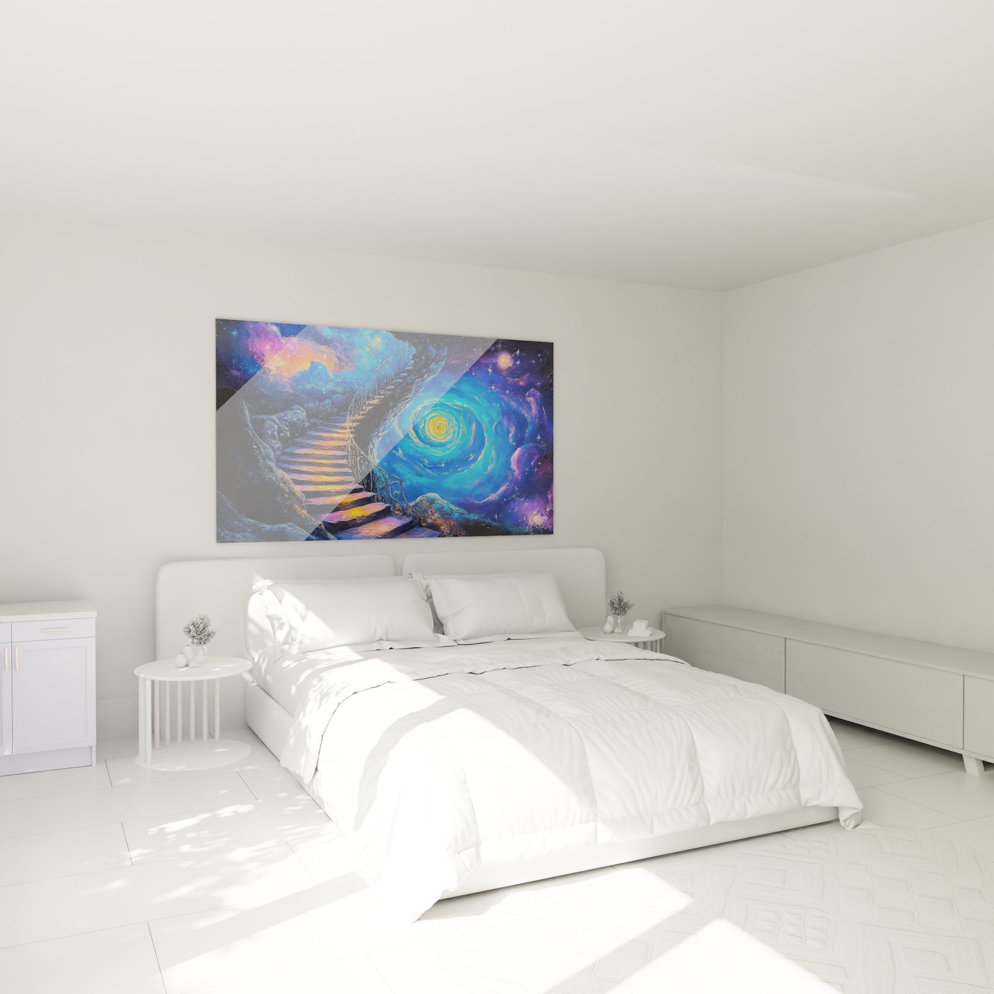 Ambiance chambre avec tableau escalier cosmique spirale abstraite, décoration murale moderne