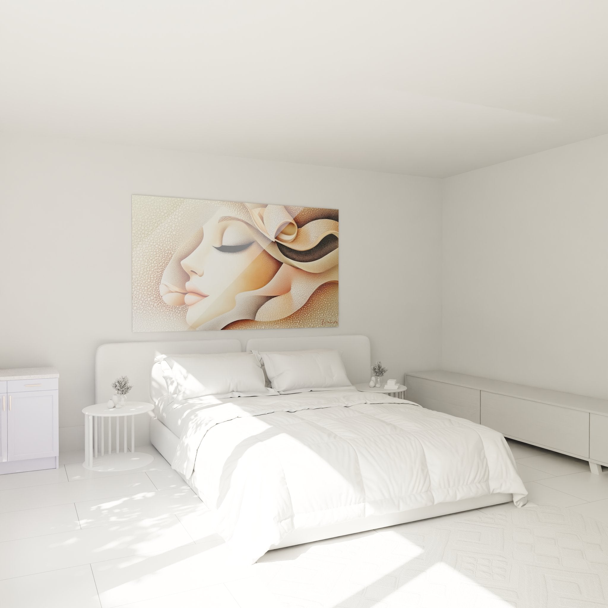 Ambiance chambre tableau femme abstraite dorée rubans texturés art mural élégant