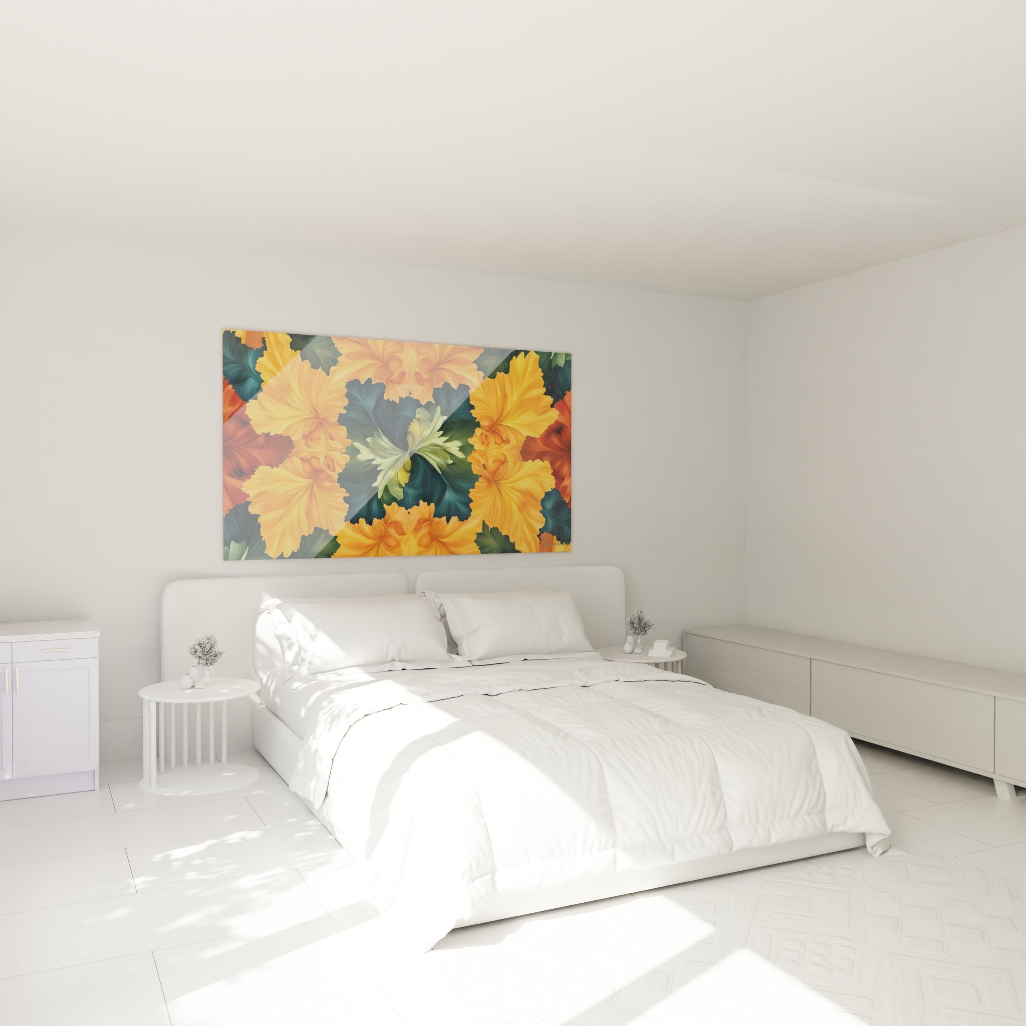 Ambiance chambre avec tableau fleurs fractales oranges, décoration murale moderne géométrique