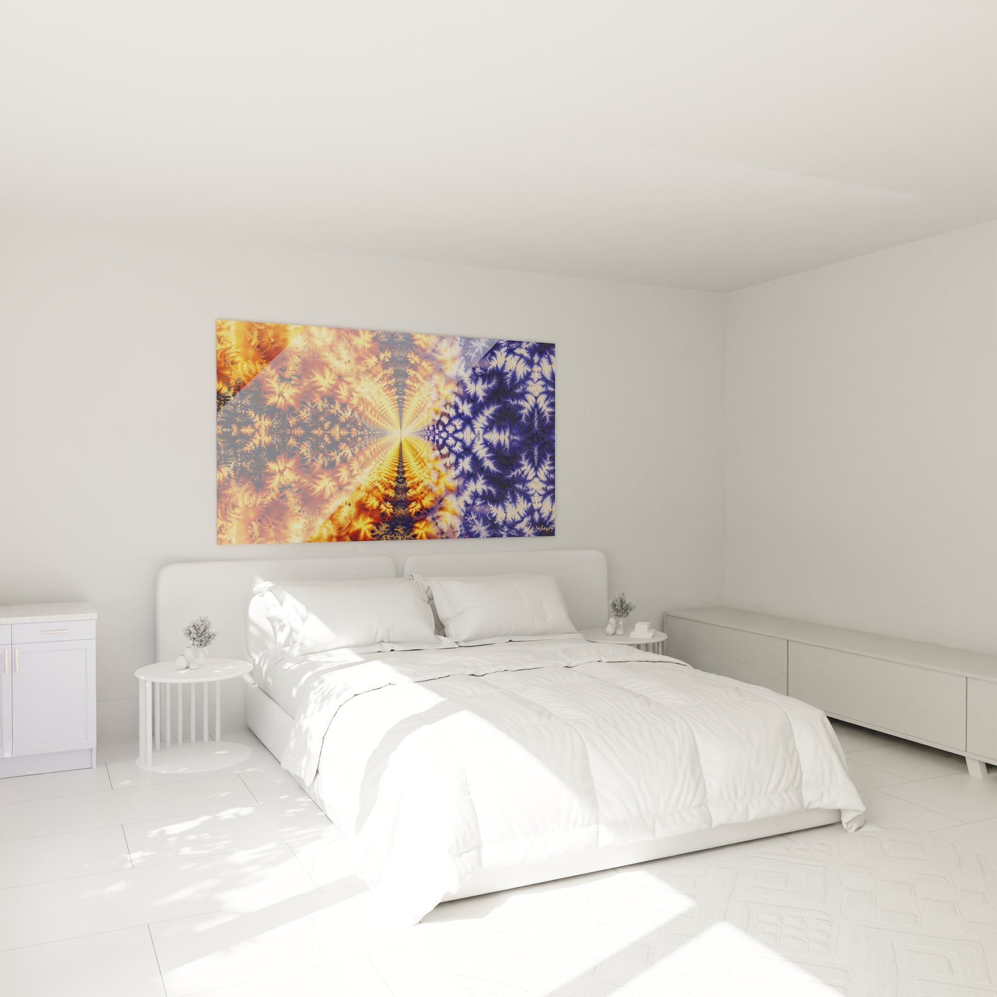 Ambiance chambre avec tableau fractale dualité cosmique orange bleu accroché au mur design contemporain