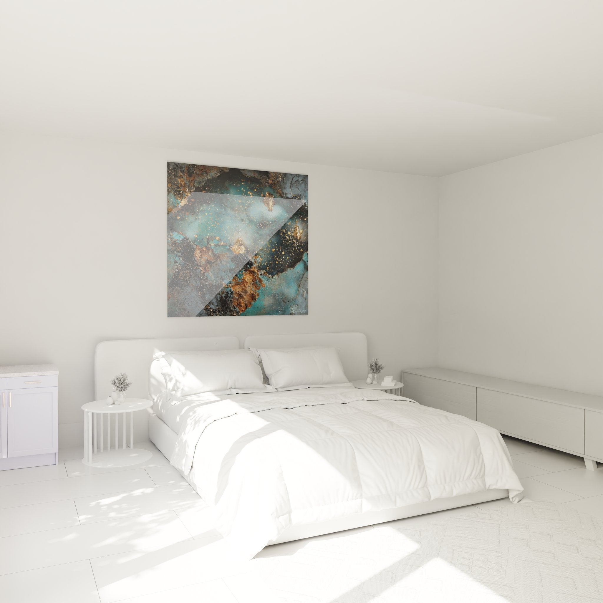 Ambiance chambre avec tableau galaxie abstraite dorée, décoration murale espace moderne