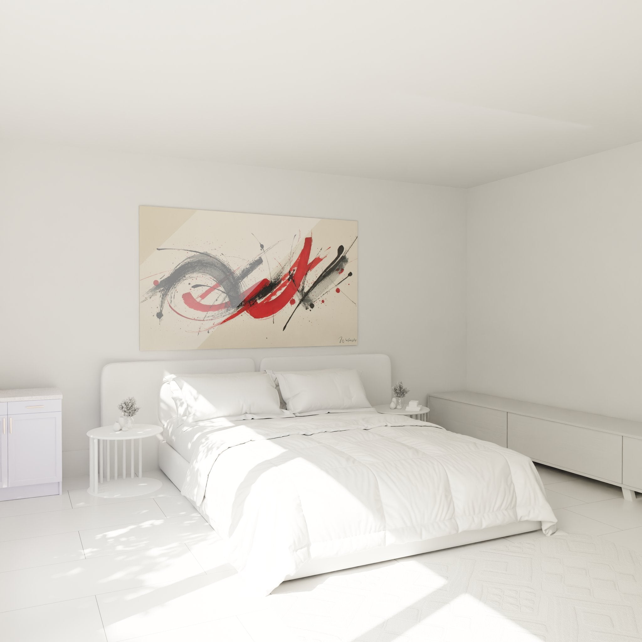 Ambiance chambre avec tableau abstrait gestuel rouge noir décoration murale contemporaine moderne