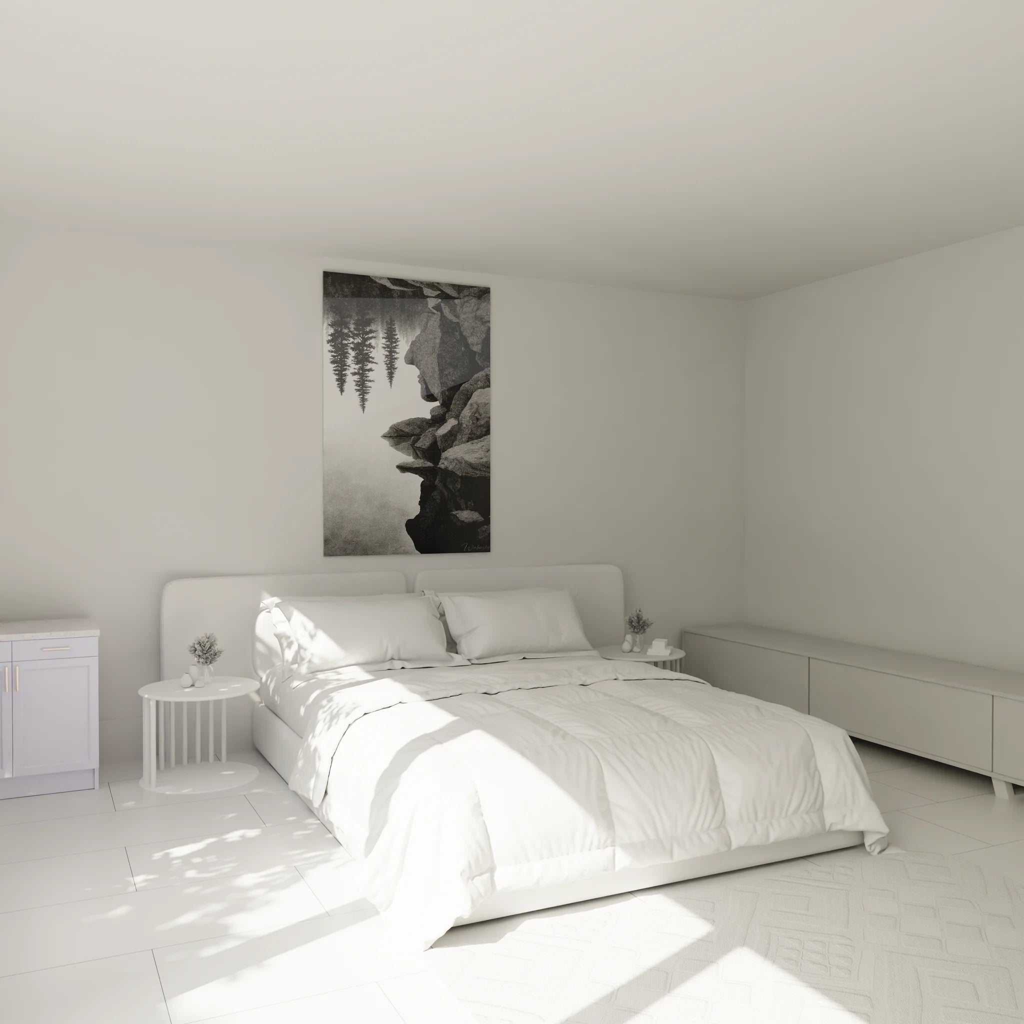 Ambiance chambre avec tableau grotte zen noir et blanc, décoration murale apaisante et naturelle