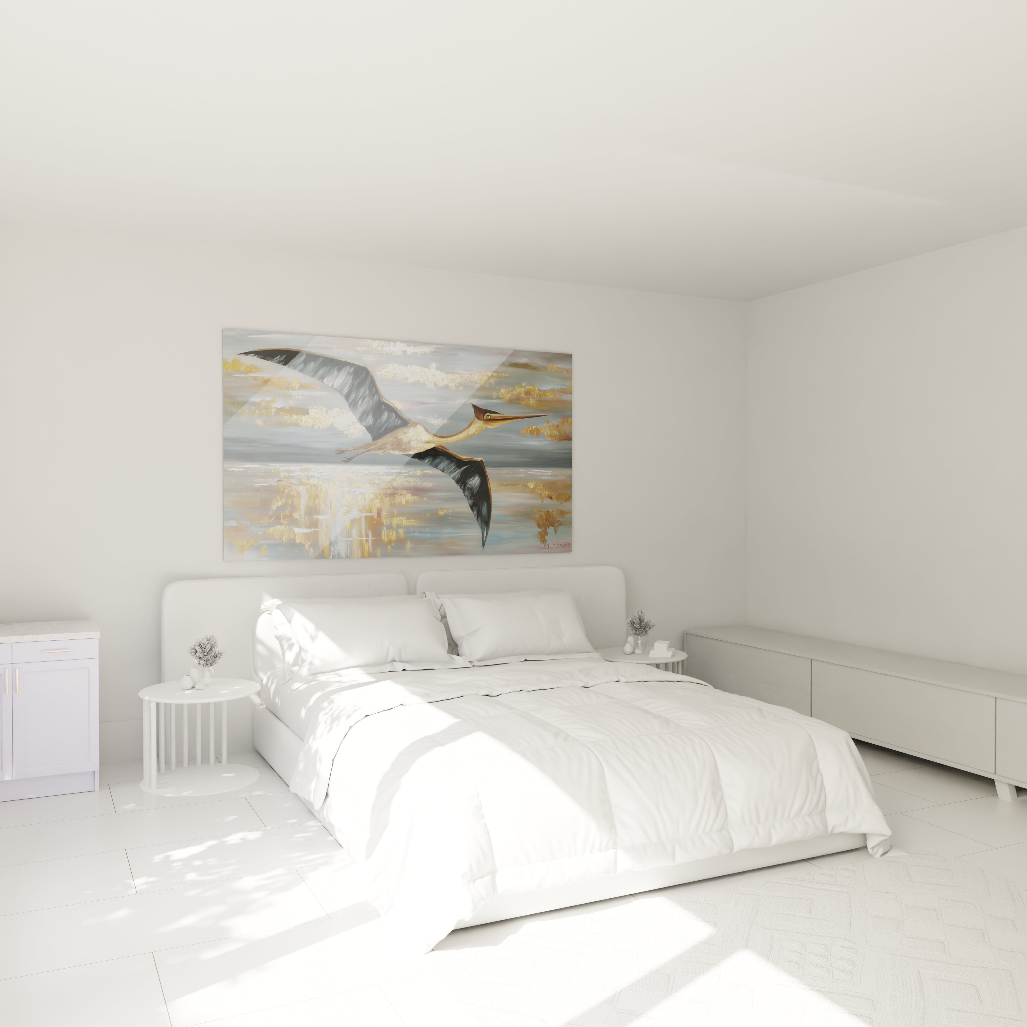 Ambiance chambre avec tableau héron doré, décoration murale oiseau élégant style contemporain