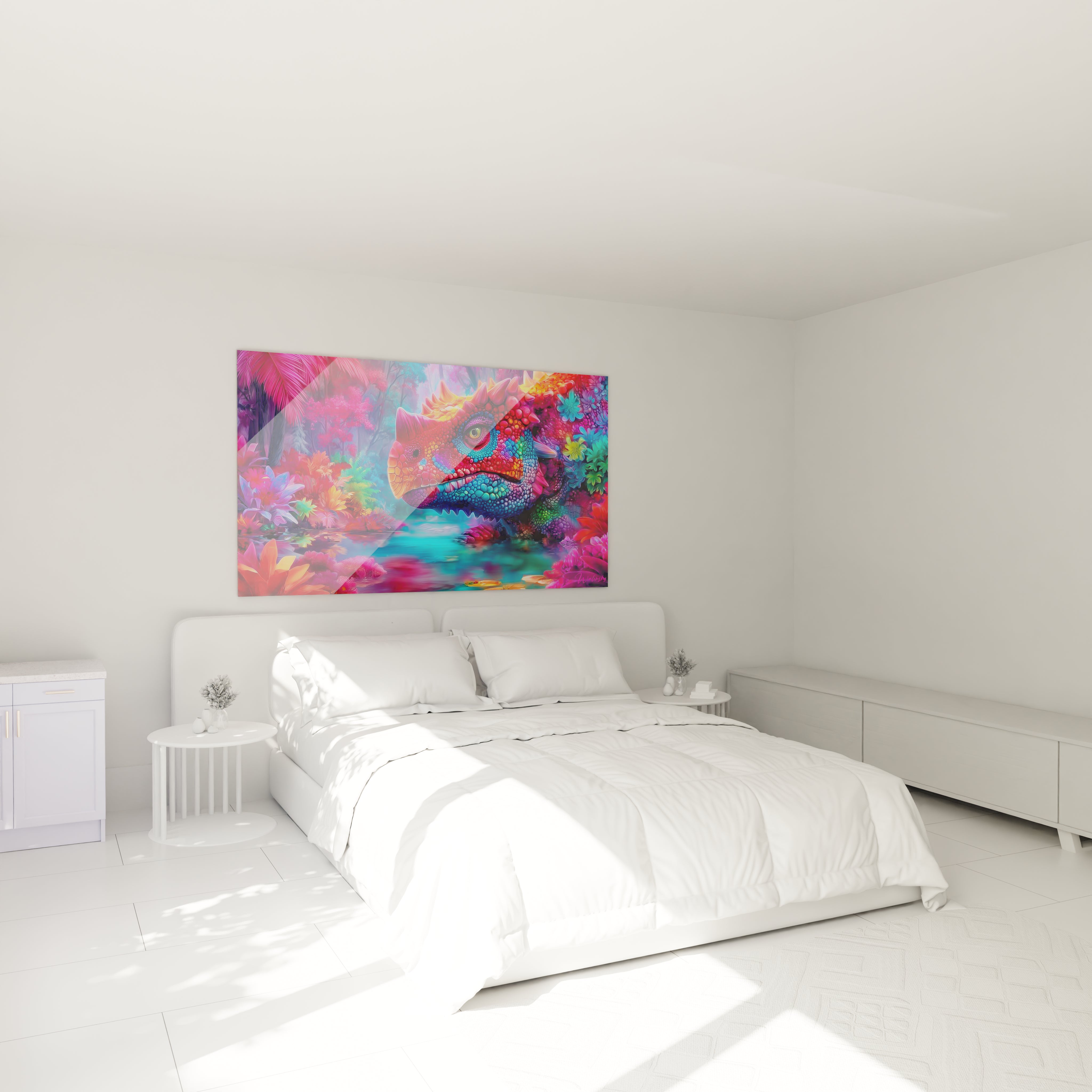 Ambiance chambre avec tableau décoratif iguane coloré tropical sur mur blanc - art mural Scutosaurus