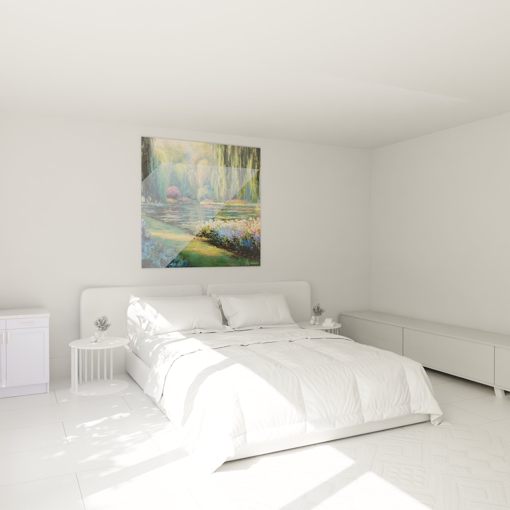 Ambiance chambre avec tableau jardin zen aux reflets d'eau et saule pleureur, décoration apaisante