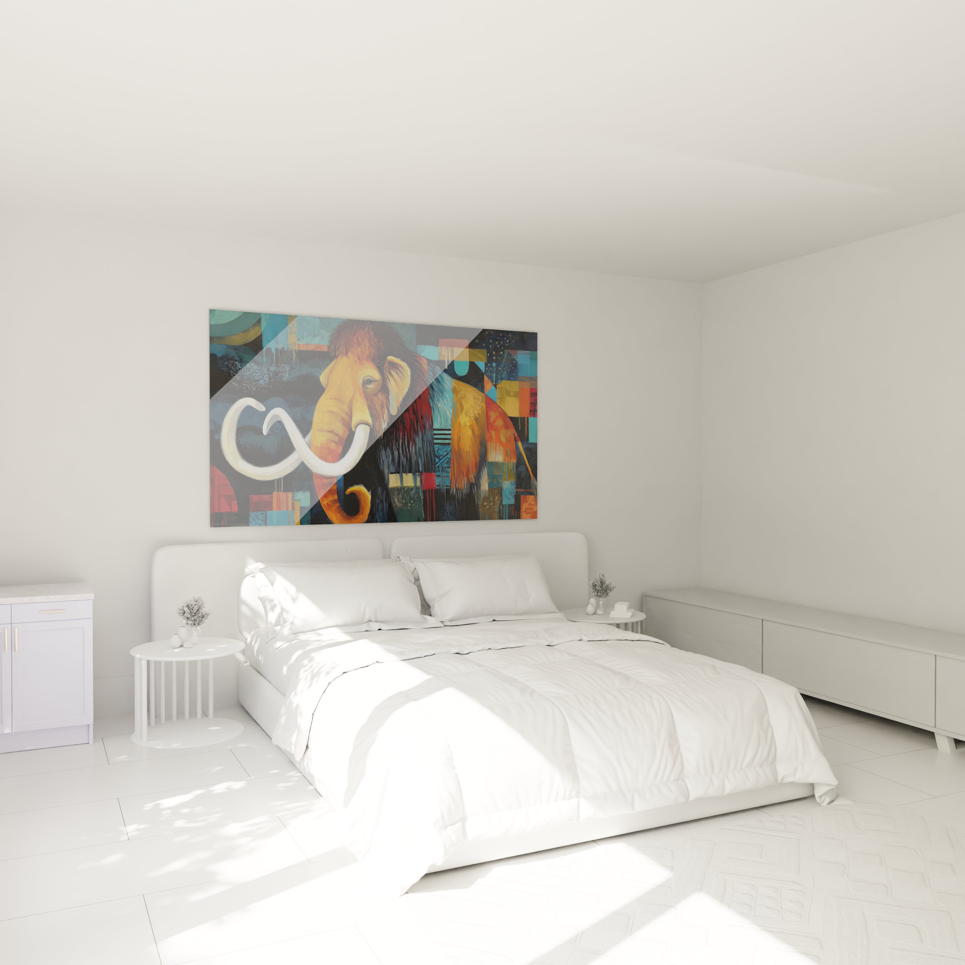 Schlafzimmeratmosphäre mit modernem Wollmammut-Gemälde in warmen Tönen an zeitgenössischer Wand