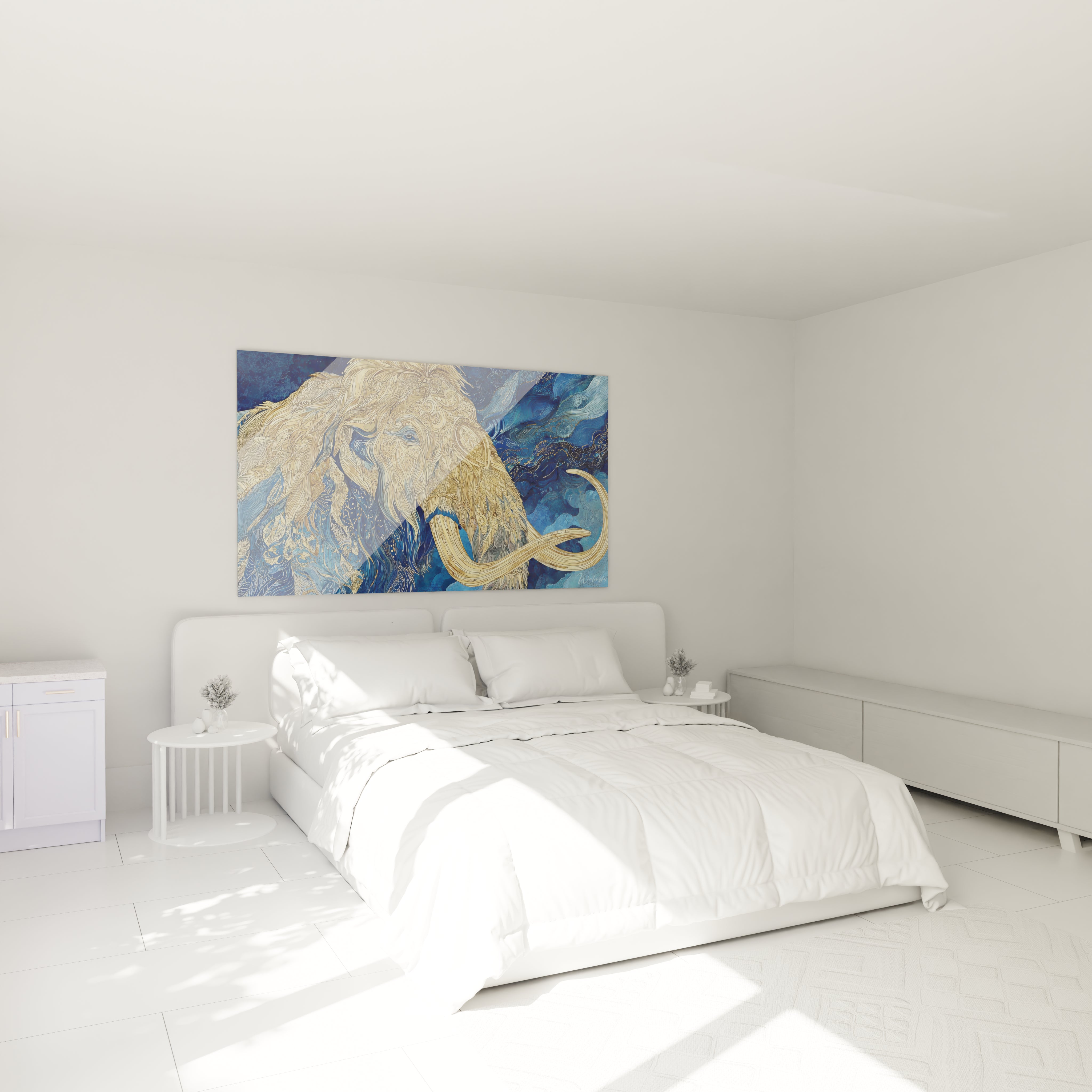 Ambiance chambre avec tableau mammouth laineux doré - décoration murale art préhistorique moderne