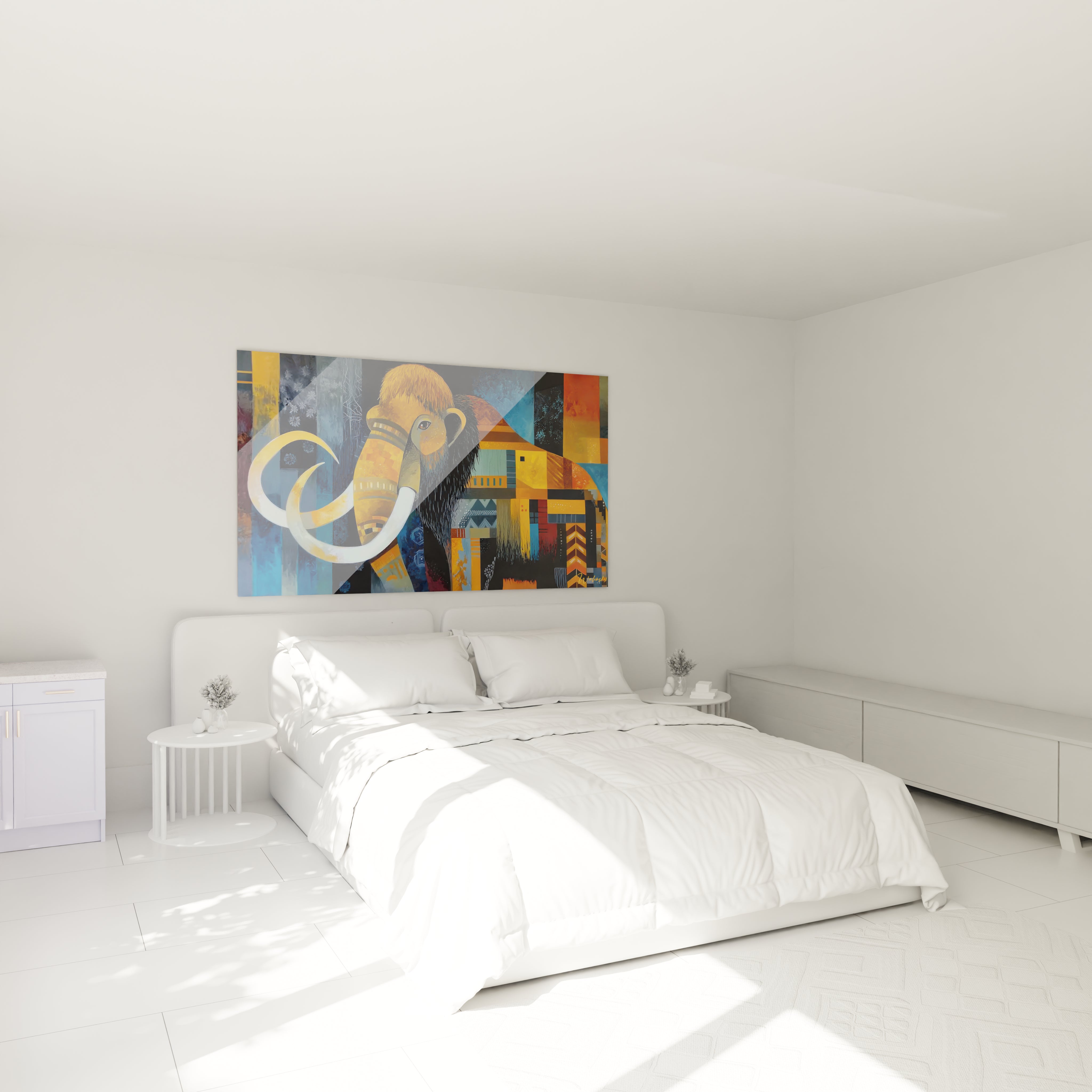 Ambiance chambre avec tableau mammouth laineux géométrique coloré accroché au mur