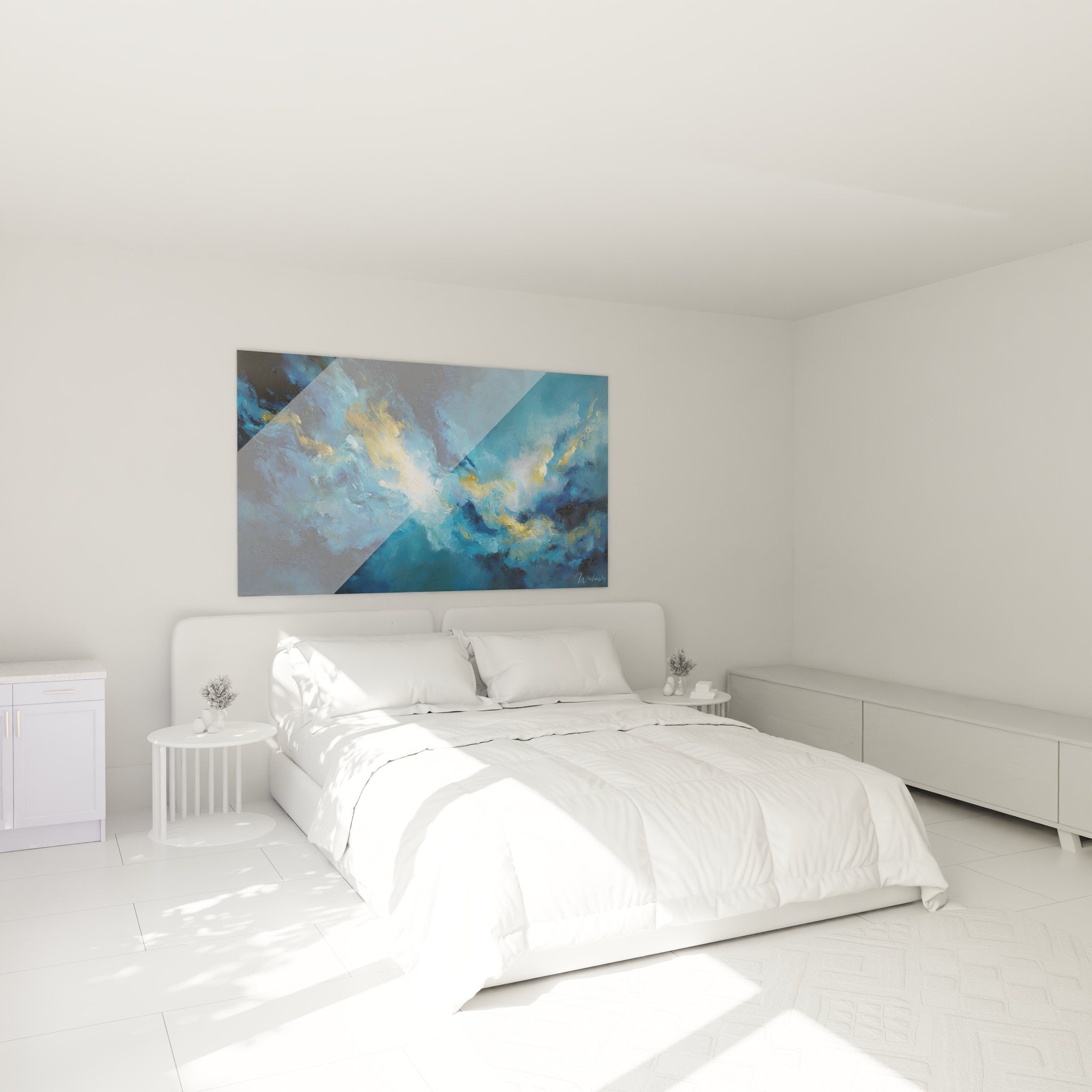 Ambiance chambre avec tableau tempête marine abstraite bleu or style moderne décoratif mural