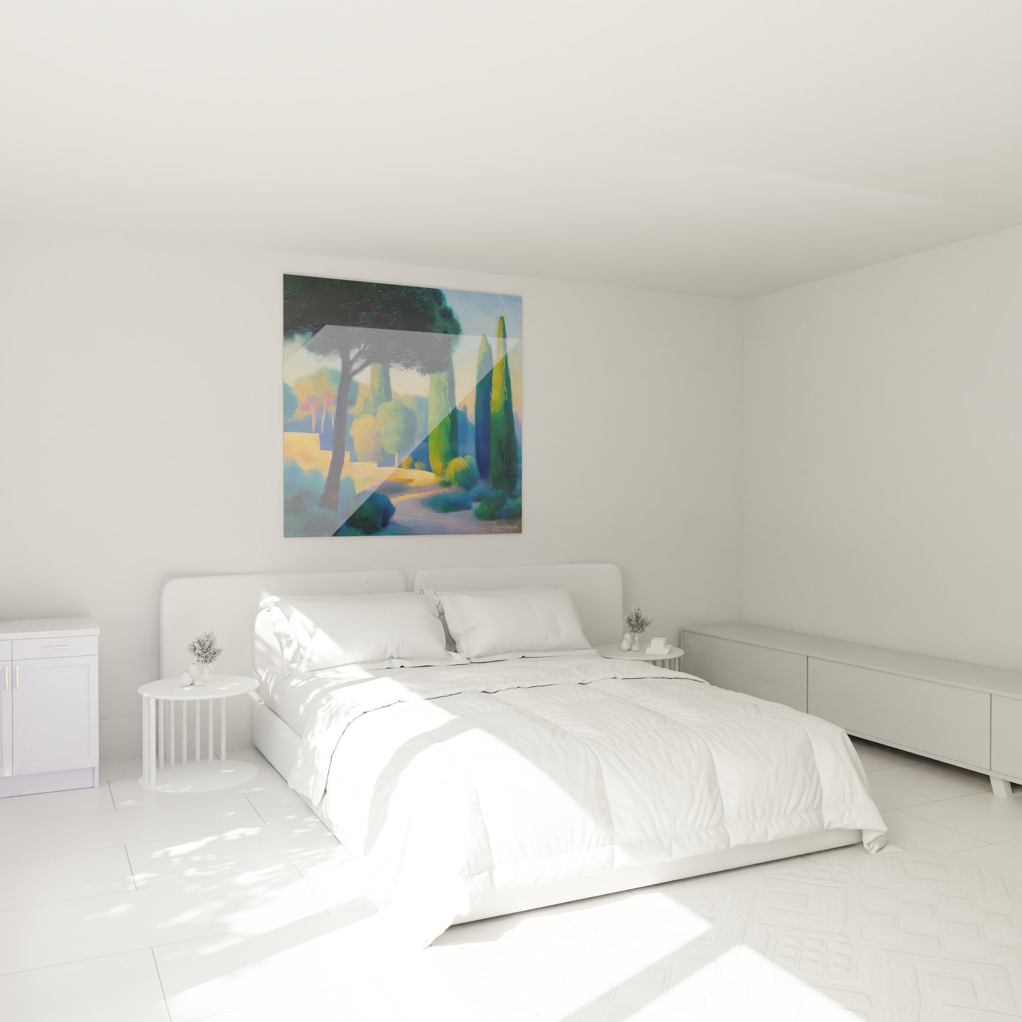 Ambiance chambre avec tableau décoratif paysage méditerranéen aux couleurs apaisantes bleu et or