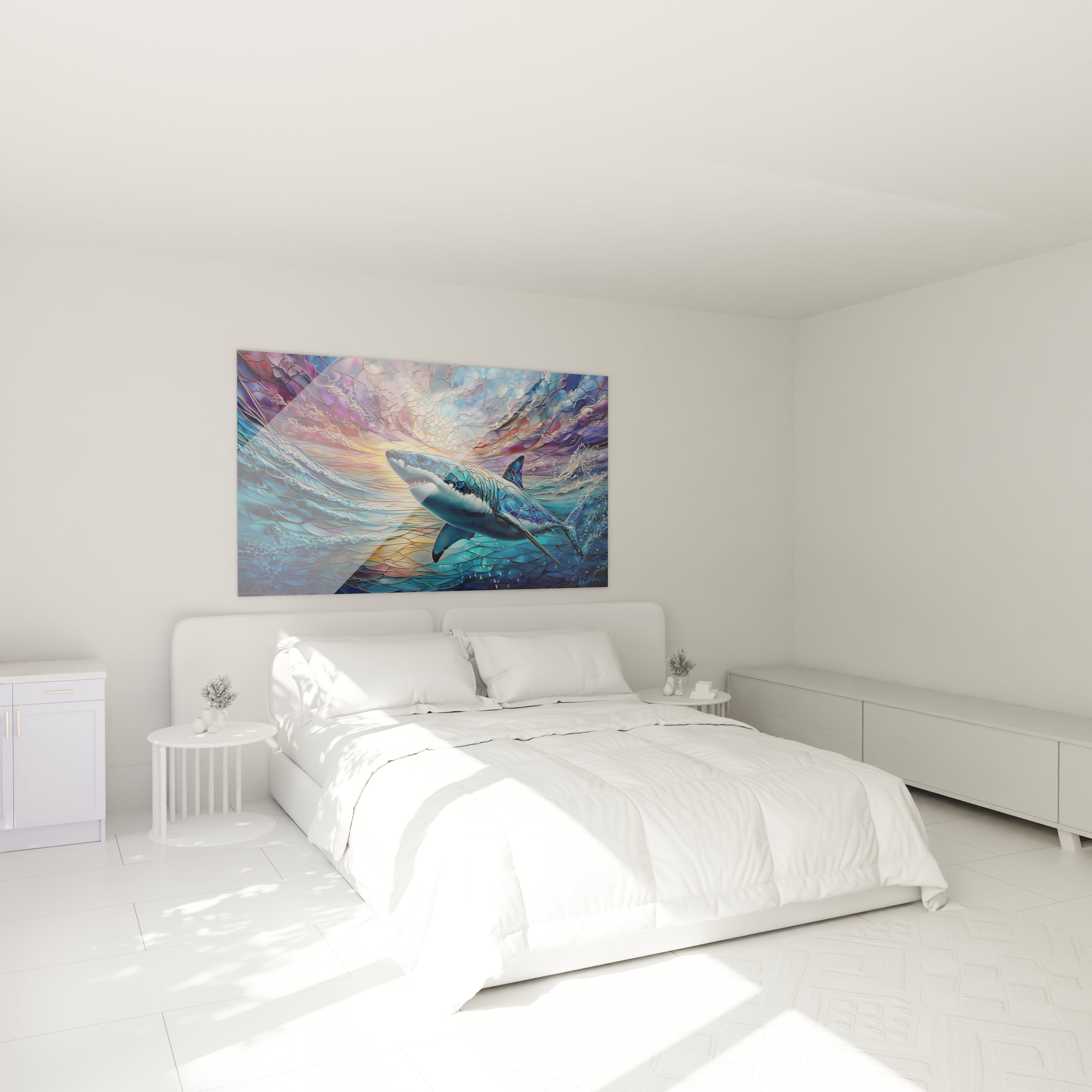 Ambiance chambre avec tableau mural mégalodon vitrail coloré créant décoration marine moderne