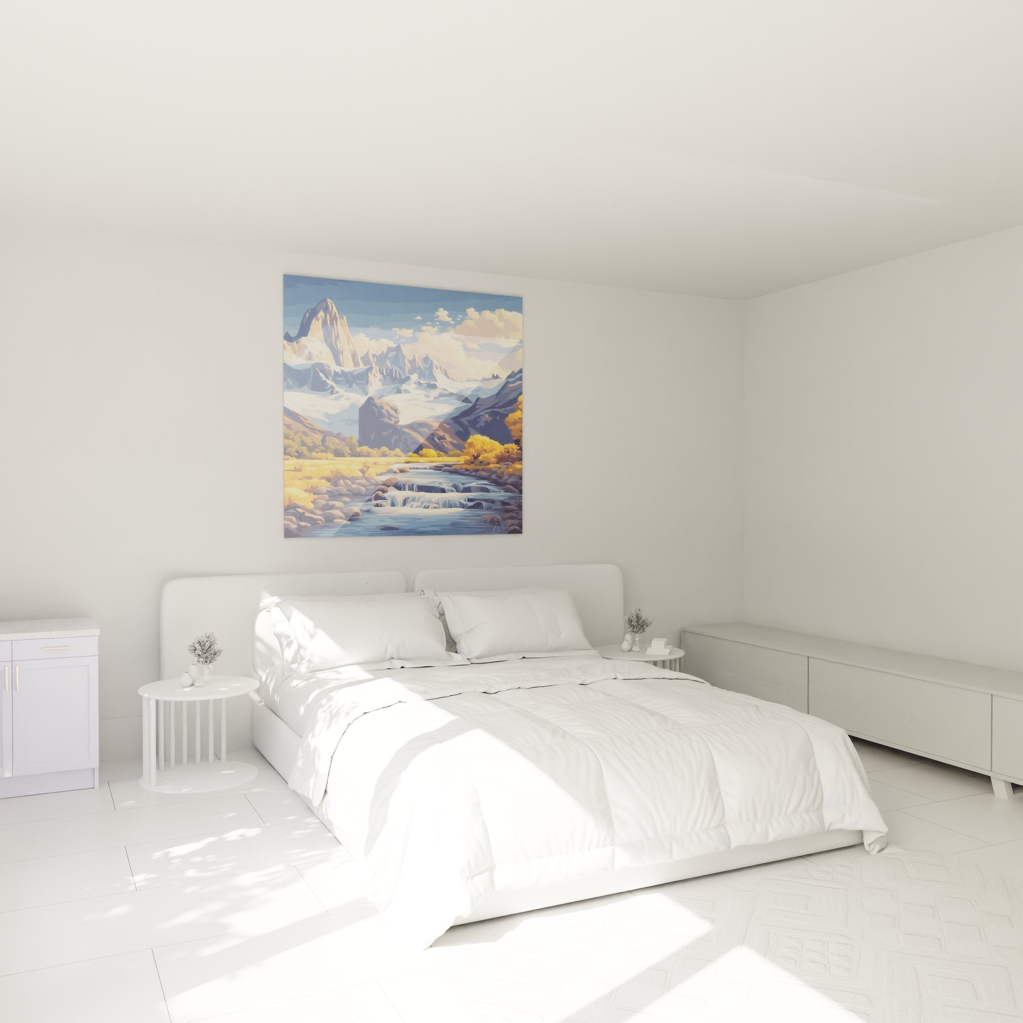 Ambiance chambre avec tableau montagne vallée glacée - décoration murale paysage alpin doré