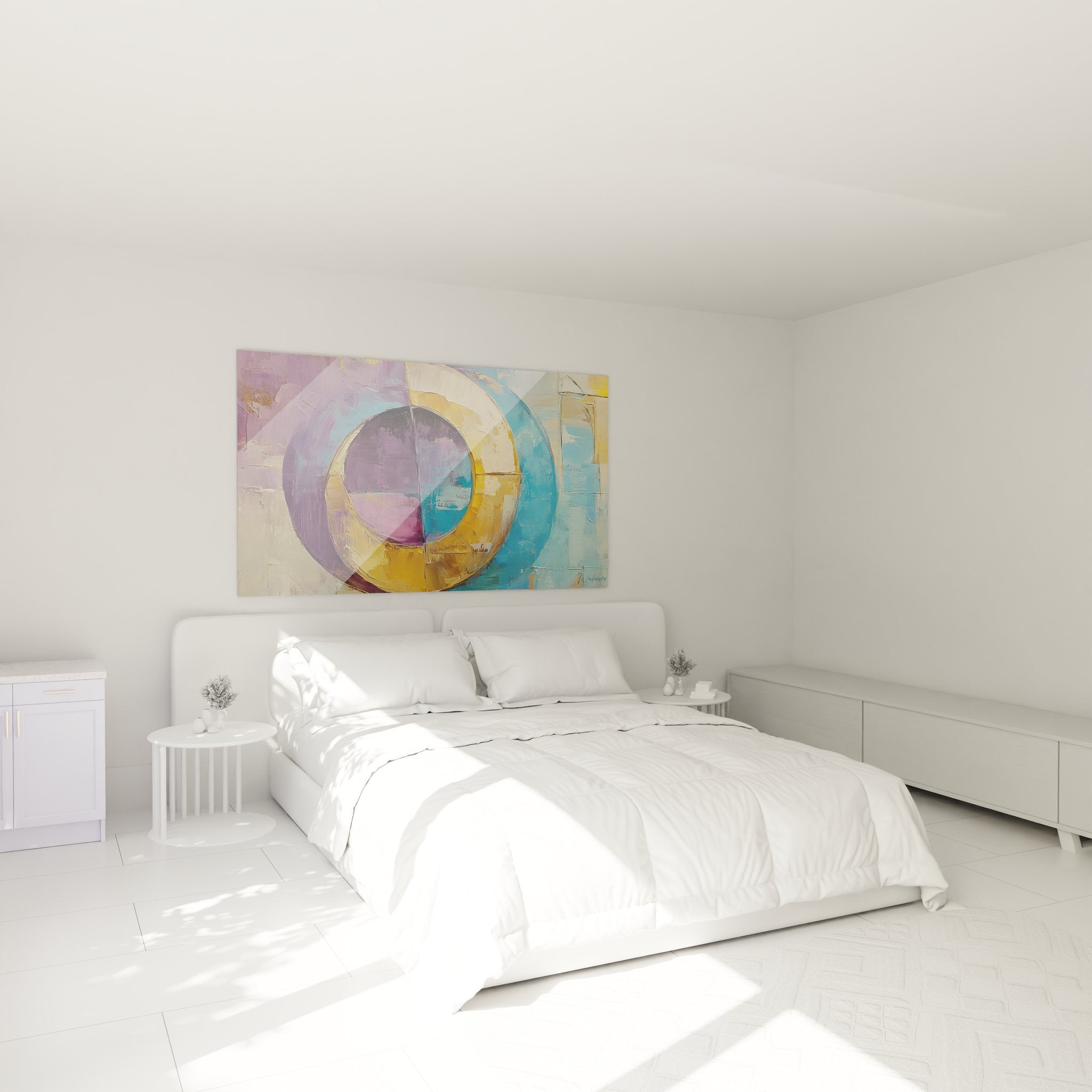 Ambiance chambre avec tableau mural abstrait cercles colorés décoration murale moderne