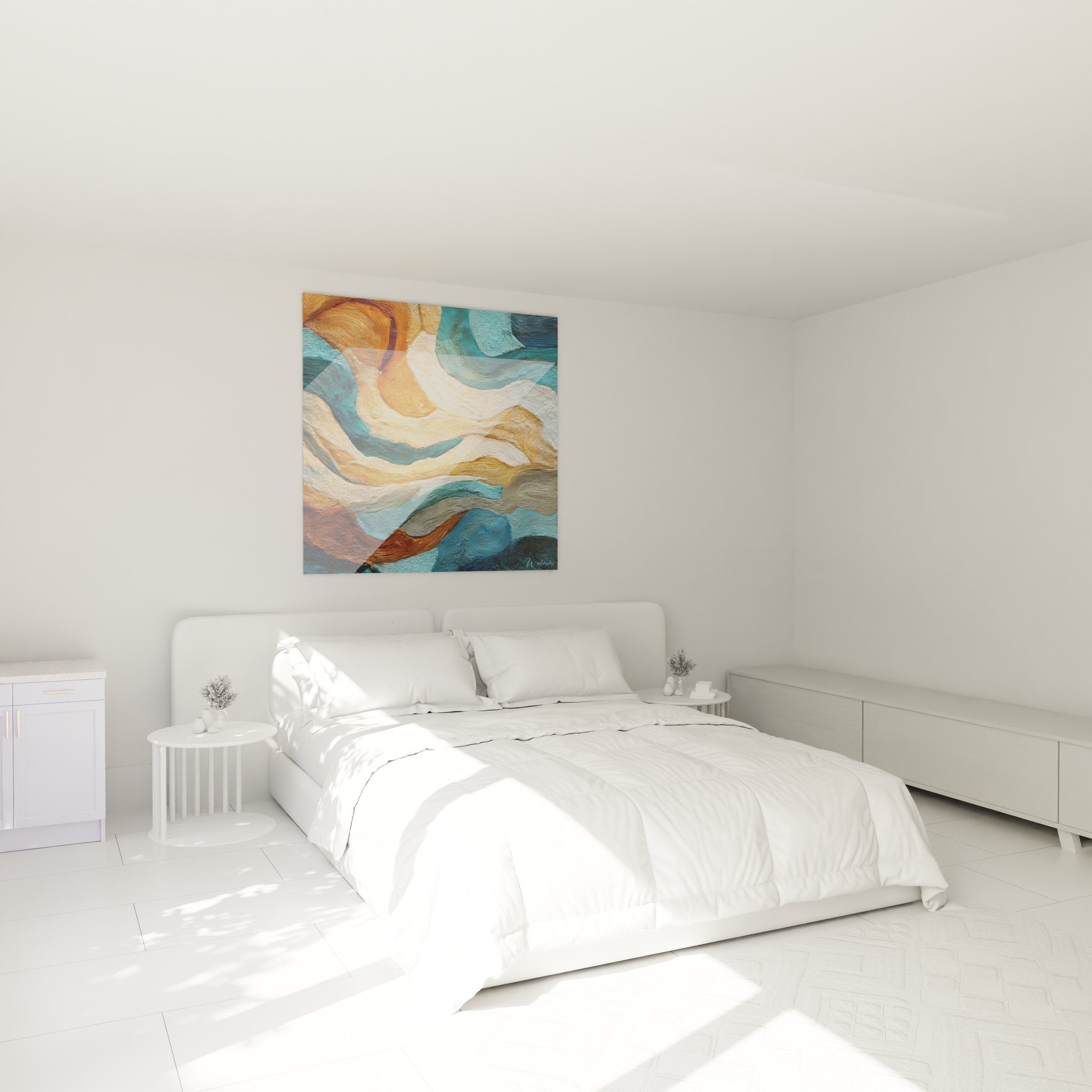 Ambiance chambre avec tableau mural abstrait ondes dorées turquoise créant atmosphère apaisante contemporaine