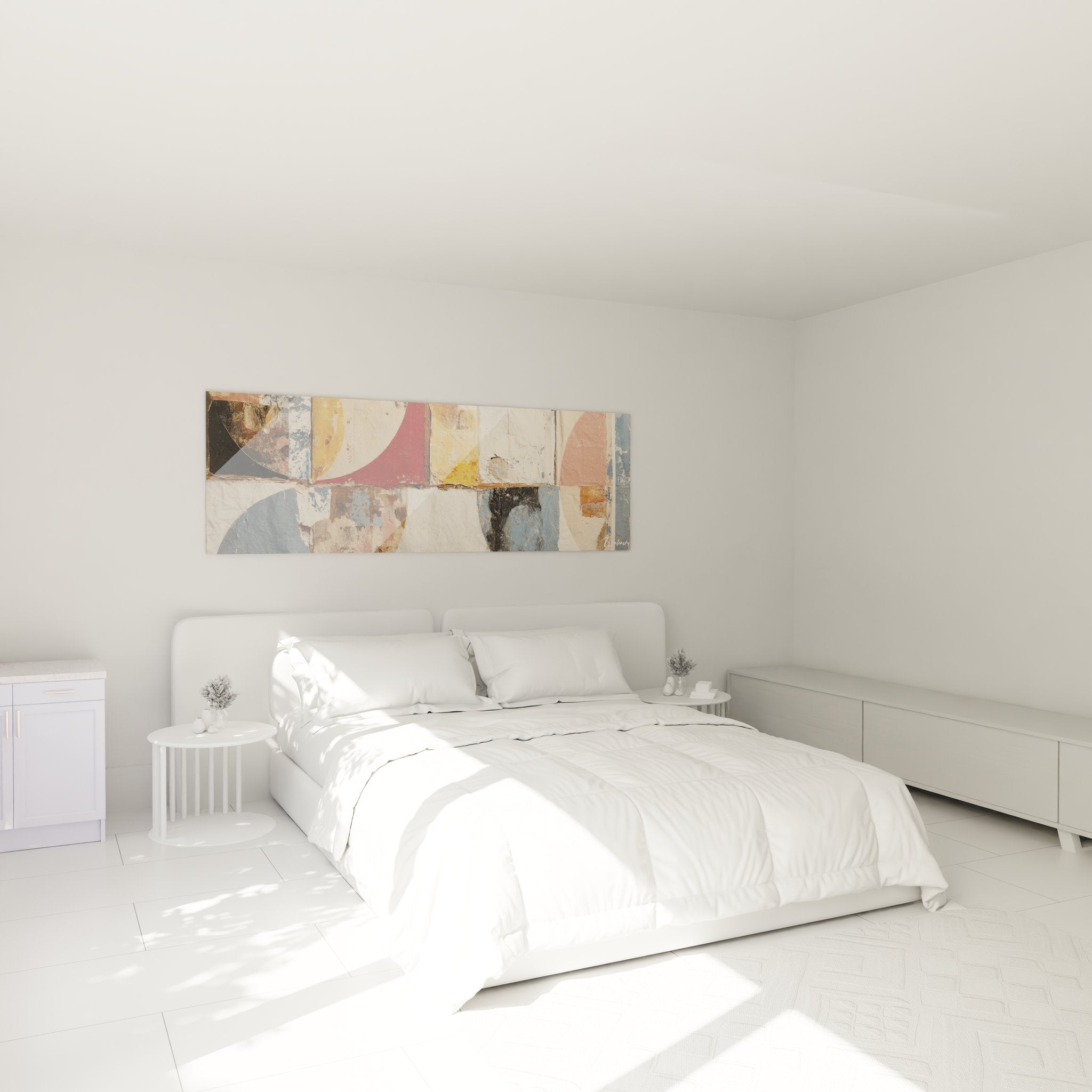 Ambiance chambre avec tableau mural géométrique abstrait aux tons beiges et colorés