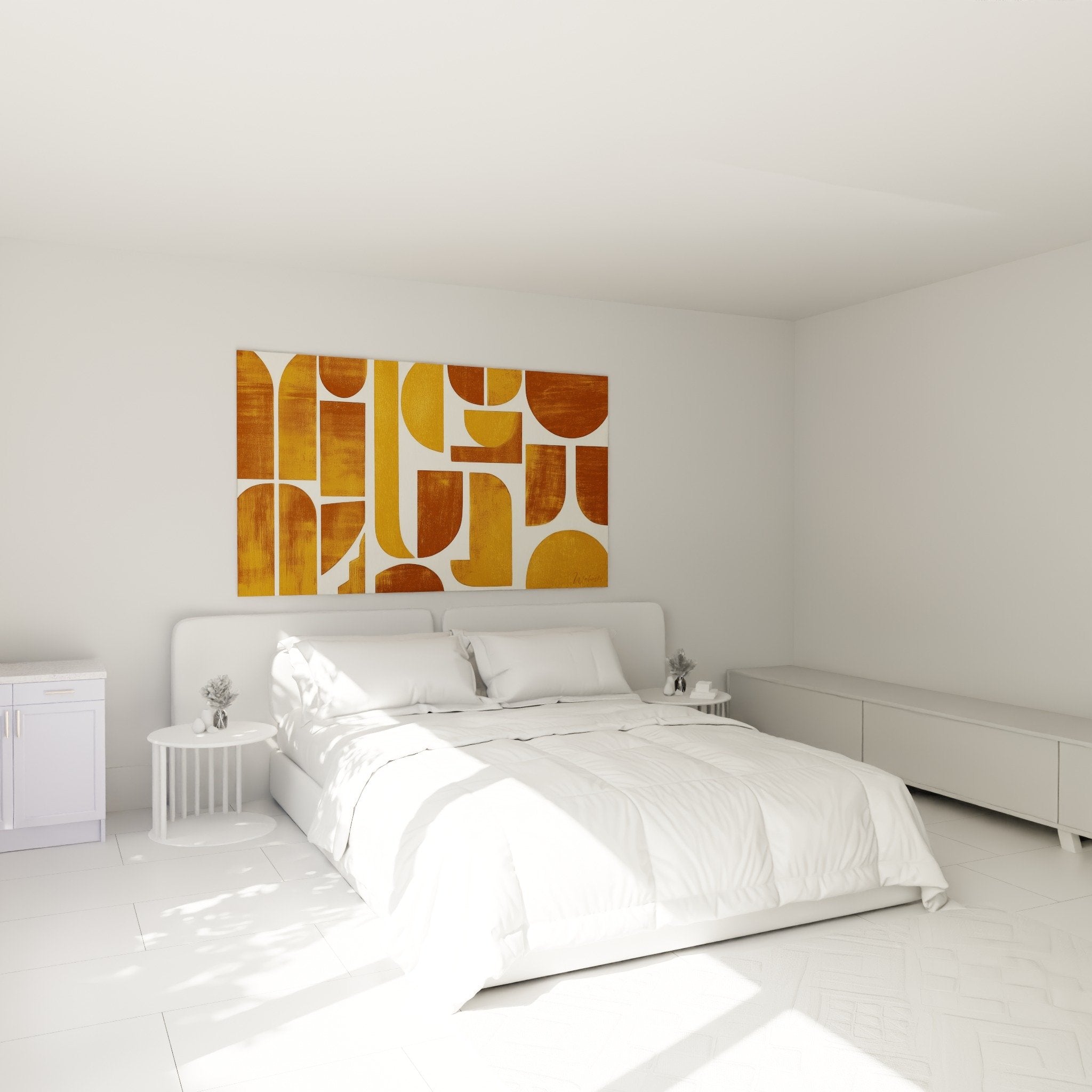 Ambiance chambre tableau geometrique ocre caramel au-dessus lit decoration murale feng shui centre terre