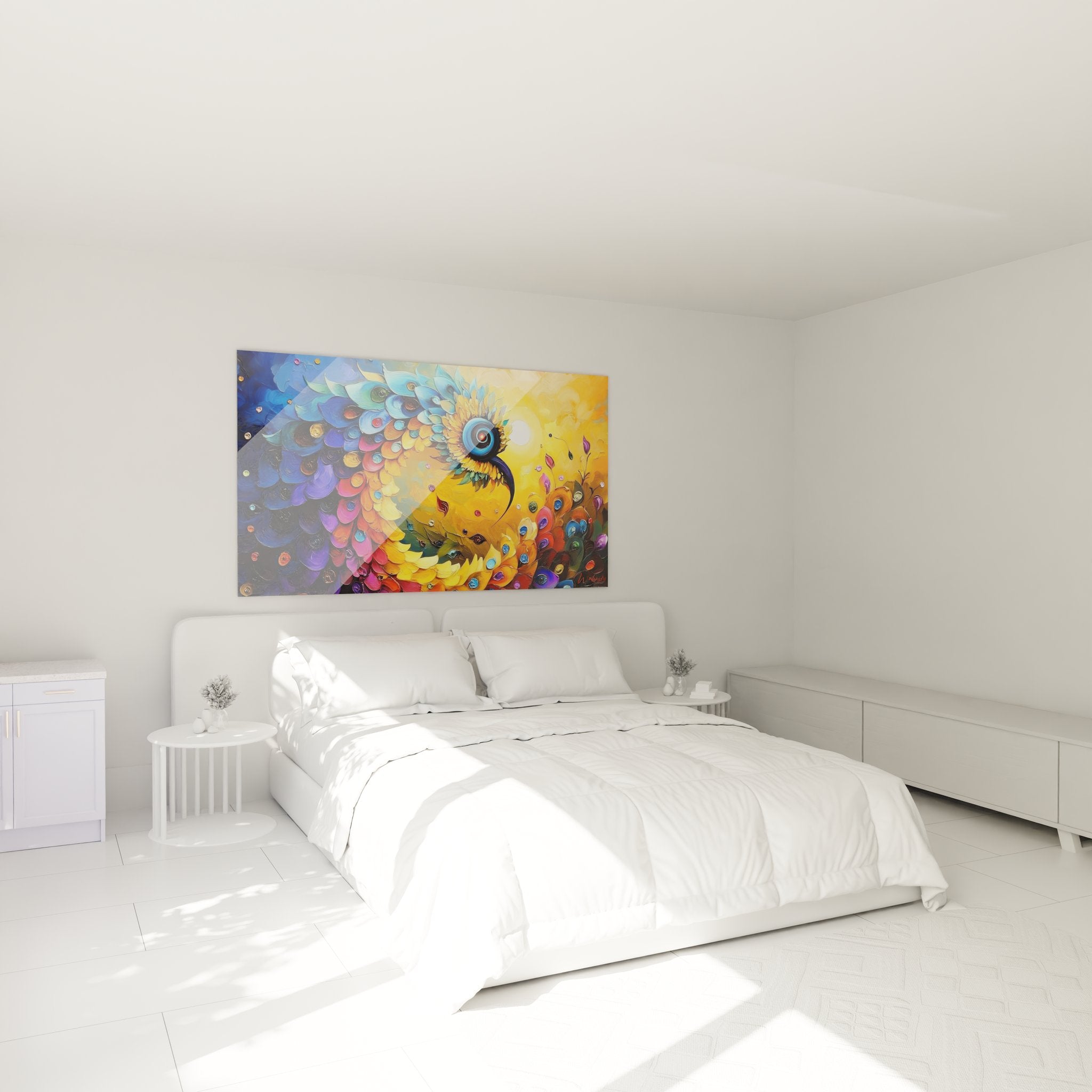 Ambiance chambre tableau oiseau spirale coloré plumes multicolores décoration murale moderne